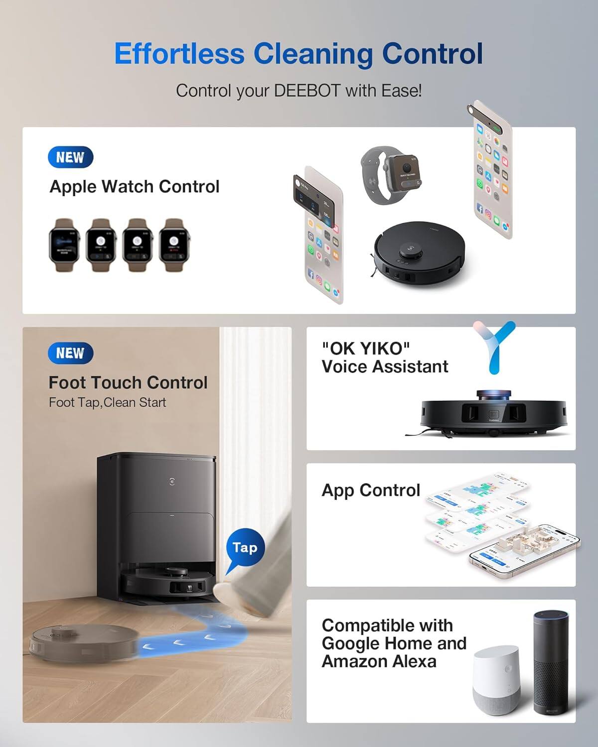 Effortless Cleaning Control  
Control your DEEBOT with Ease!

- NEW  
Apple Watch Control

- NEW  
Foot Touch Control  
Foot Tap, Clean Start

- "OK YIKO"  
Voice Assistant

- App Control

- Compatible with  
Google Home and  
Amazon Alexa