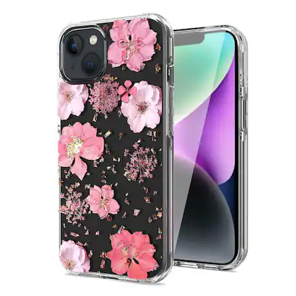 Front. Reiko - Pressed Dried Flower Design Phone Case For Iphone 14 Plus In Pink - Pink.