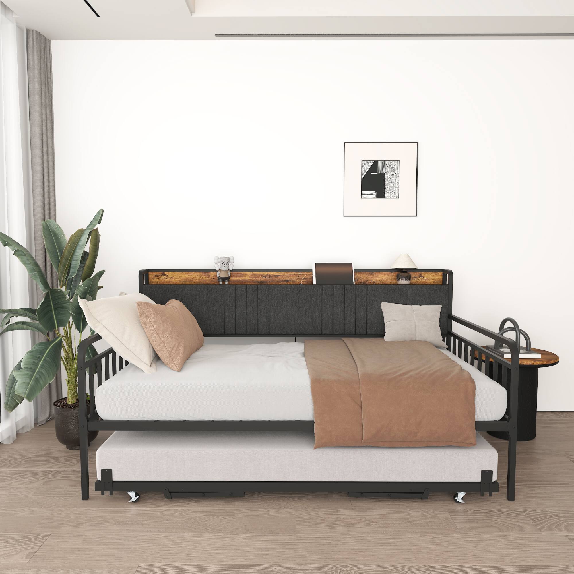 Alt View 5. GOODSILO - Sturdy Twin Daybed with Upholstered Headboard Built-in Charging Station and RGB Lighting for Versatile Use - Black+Brown+Grey.