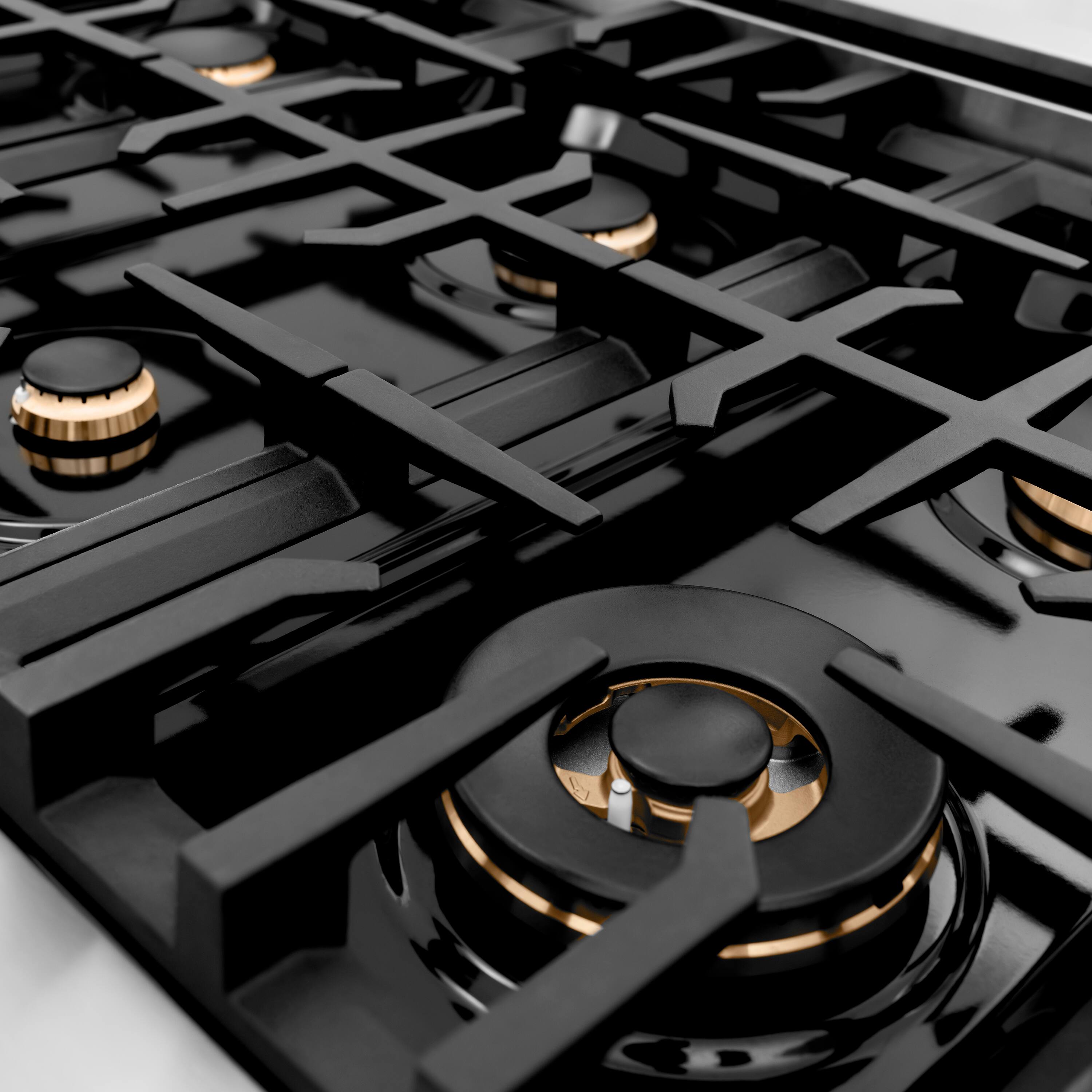 Left. ZLINE - ZLINE 36 in. Classic Gas Rangetop with 6 Brass Burners and Porcelain Cooktop in Stainless Steel (RT-BR-36) - Stainless steel.