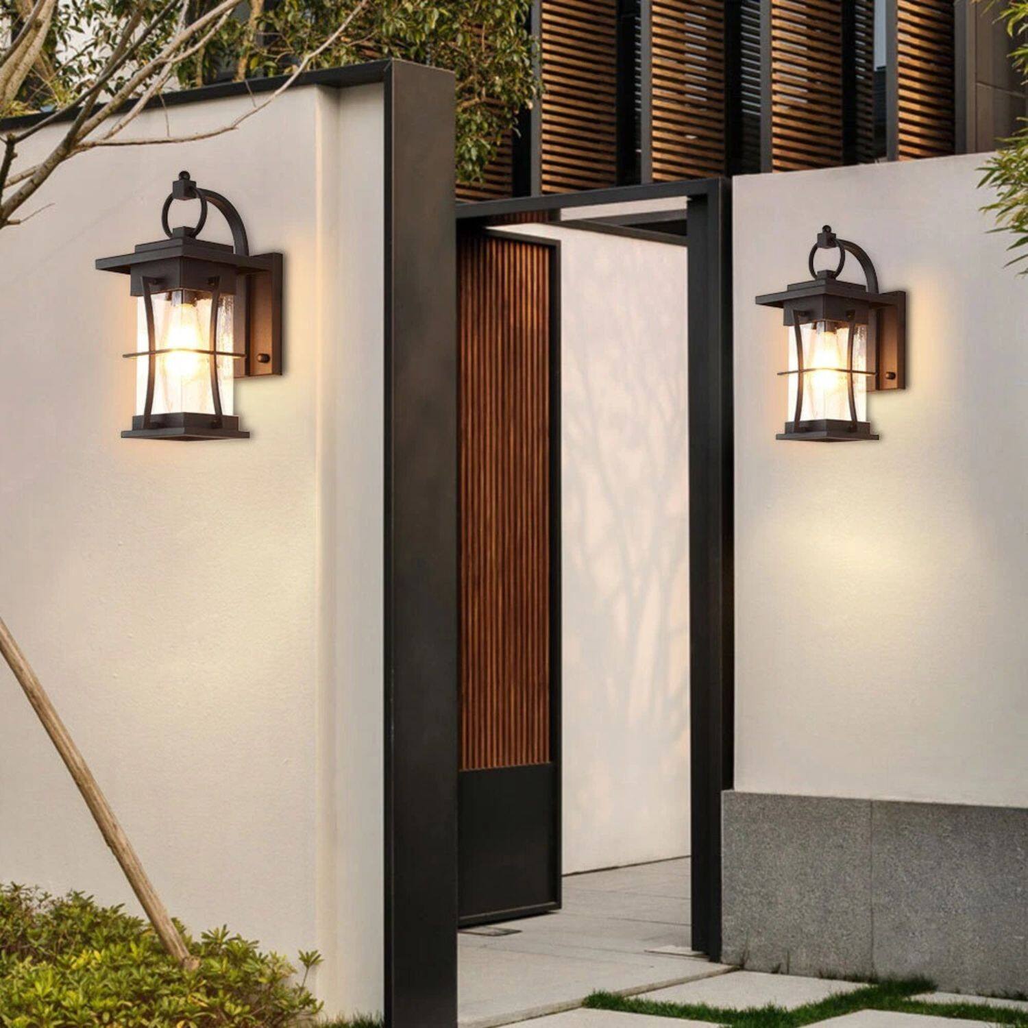 Left. Stock Preferred - 110V-240V Black Outdoor Wall Lantern with White Ground Glass - Matte Black with White Ground Glass Shade.