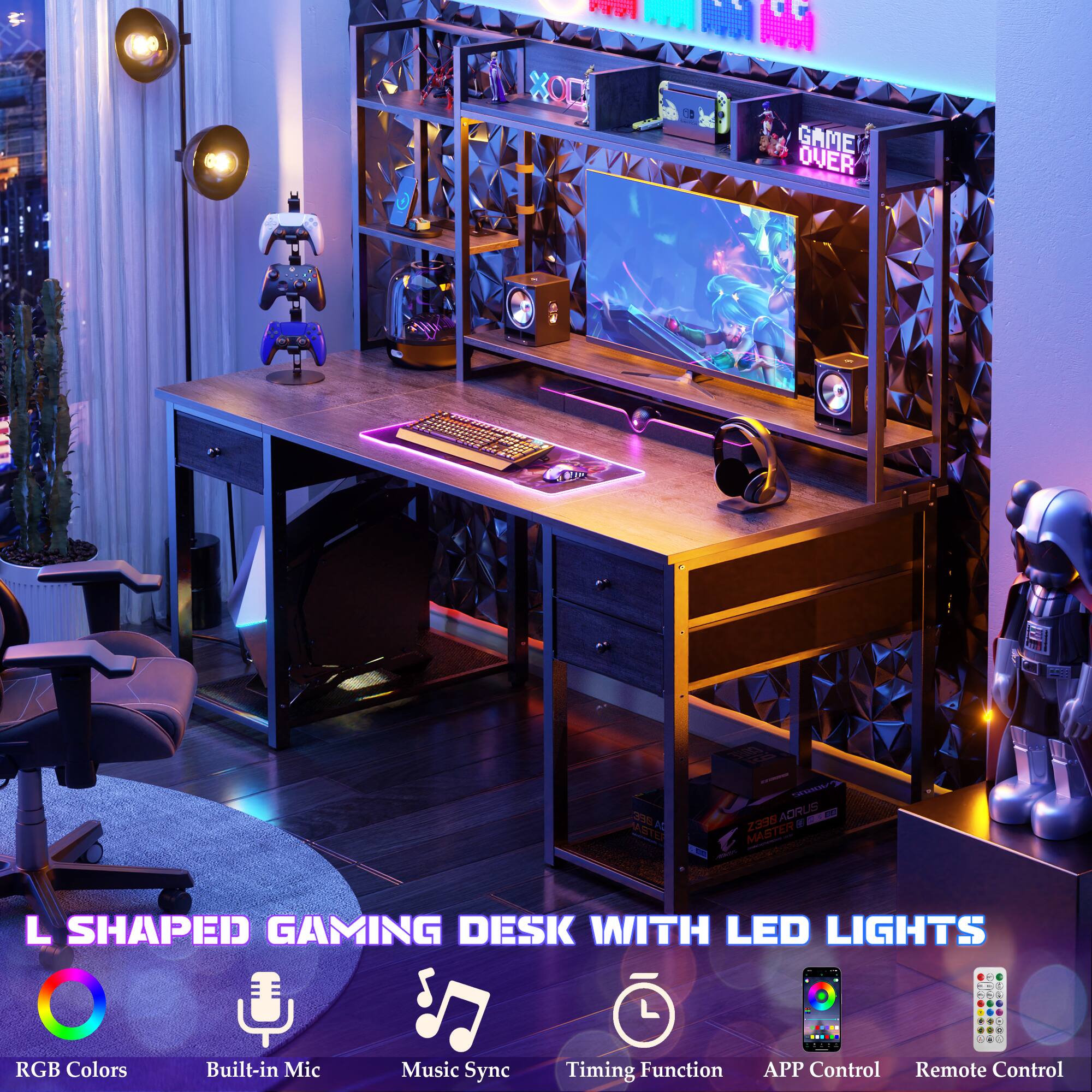 121  
10 GAME OVER 1 P a  
STE U ADRUS - - Z38 - MASTER  
L SHAPED GAMING DESK WITH LED LIGHTS  
RGB Colors  
Built-in Mic  
Music Sync  
Timing Function  
APP Control  
Remote Control