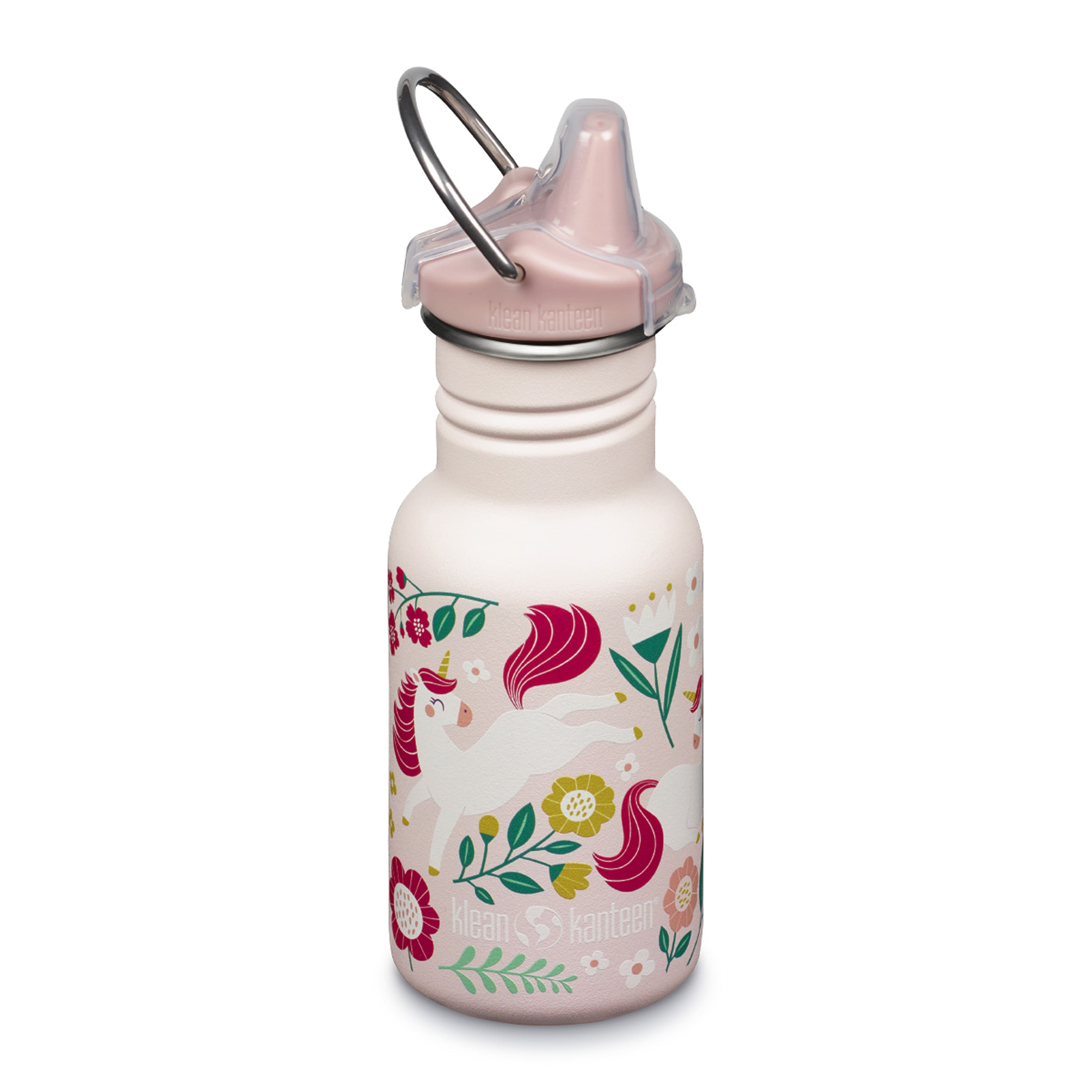 Klean Kanteen - 12oz Classic Kid's Sippy Bottle - Dust Cover, Loop - BPA-Free Stainless - Leaping Unicorns