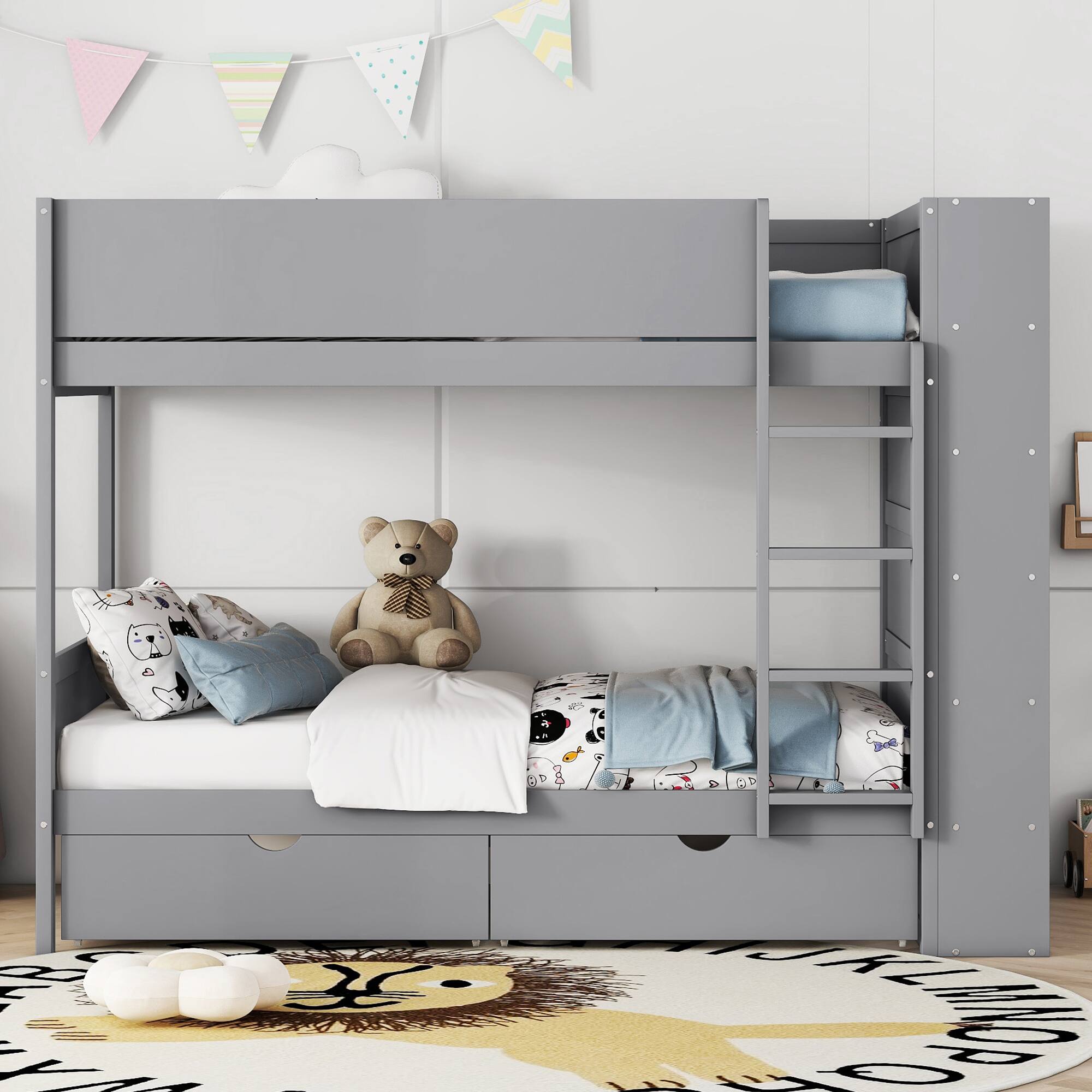Angle. Aukfa - Twin over Twin Bunk Bed With 2 Drawers and Multi-layer Cabinet - Gray.