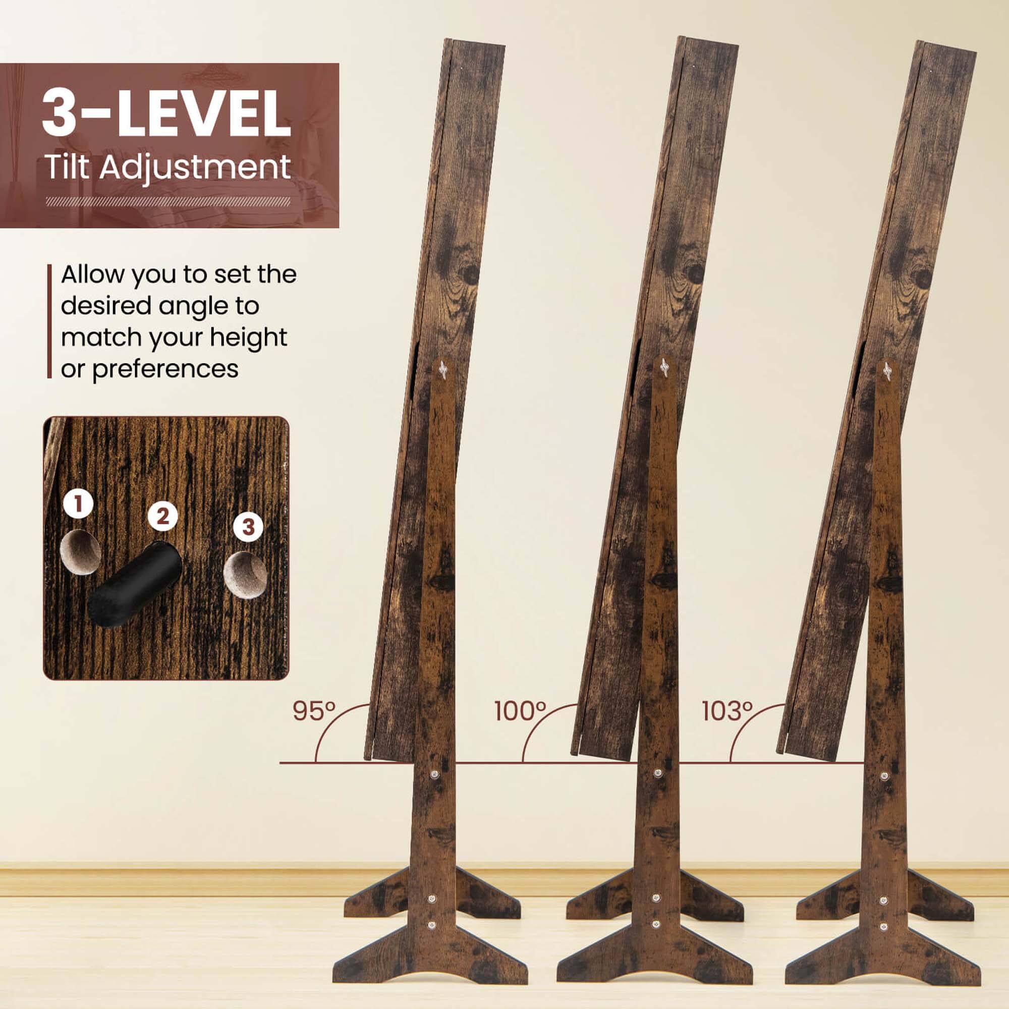 The text on the image reads: "3-LEVEL TILT ADJUSTMENT: Allow you to set the desired angle to match your height or preferences 1 2 3 95 100 103."