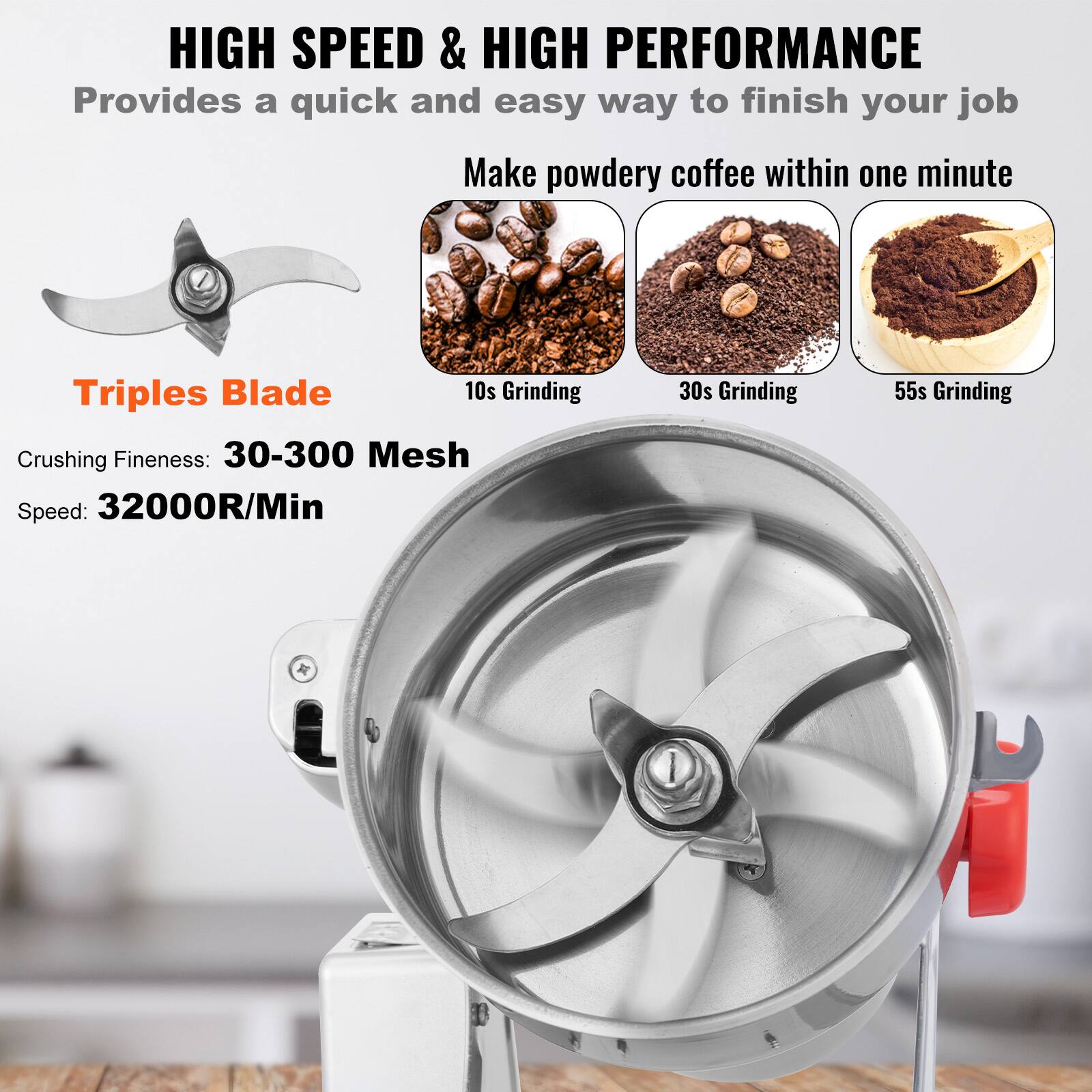 HIGH SPEED & HIGH PERFORMANCE
Provides a quick and easy way to finish your job
Make powdery coffee within one minute
Triples Blade
Crushing Fineness: 30-300 Mesh
Speed: 32000R/Min
10s Grinding
30s Grinding
55s Grinding