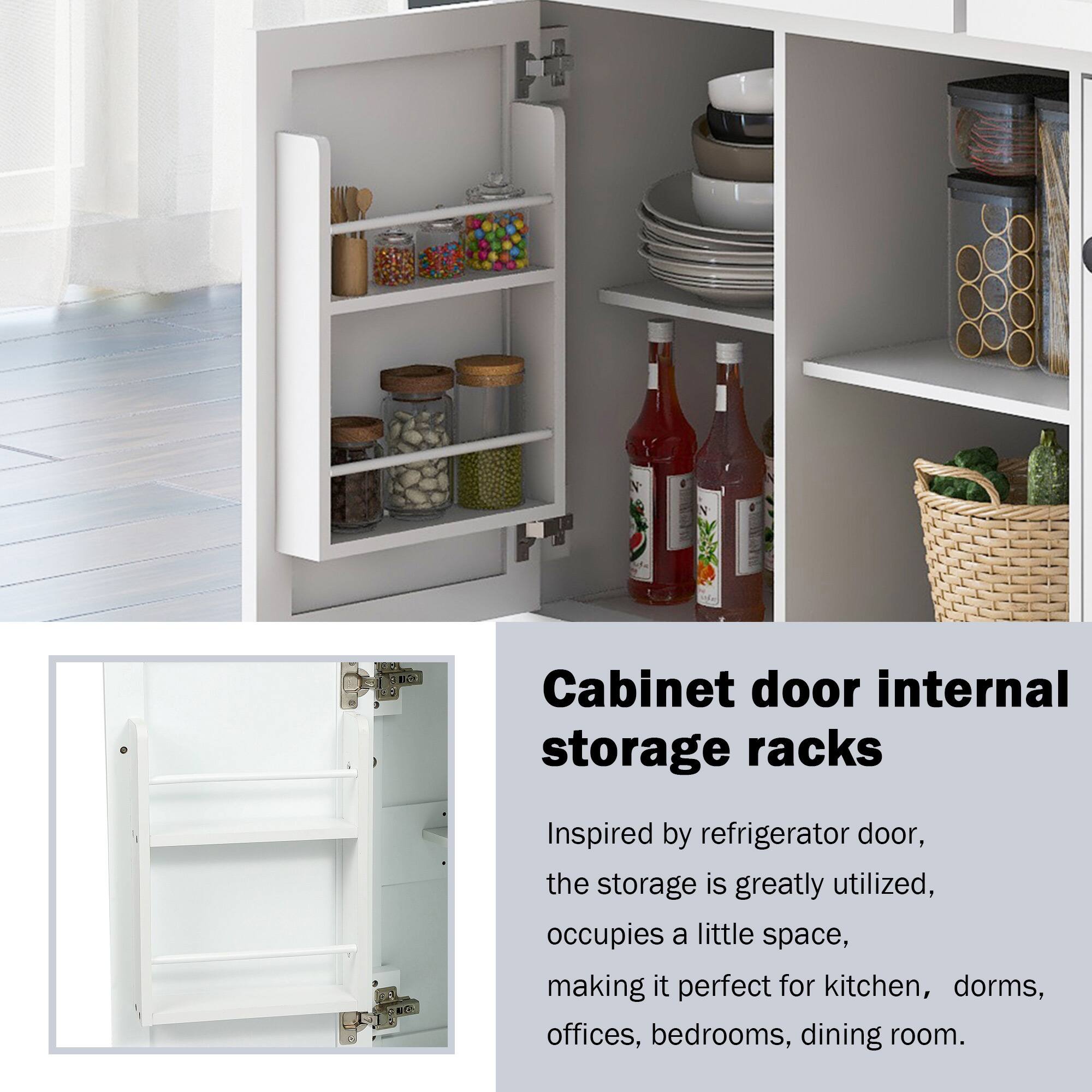 Cabinet door internal storage racks

Inspired by refrigerator door, the storage is greatly utilized, occupies a little space, making it perfect for kitchen, dorms, offices, bedrooms, dining room.
