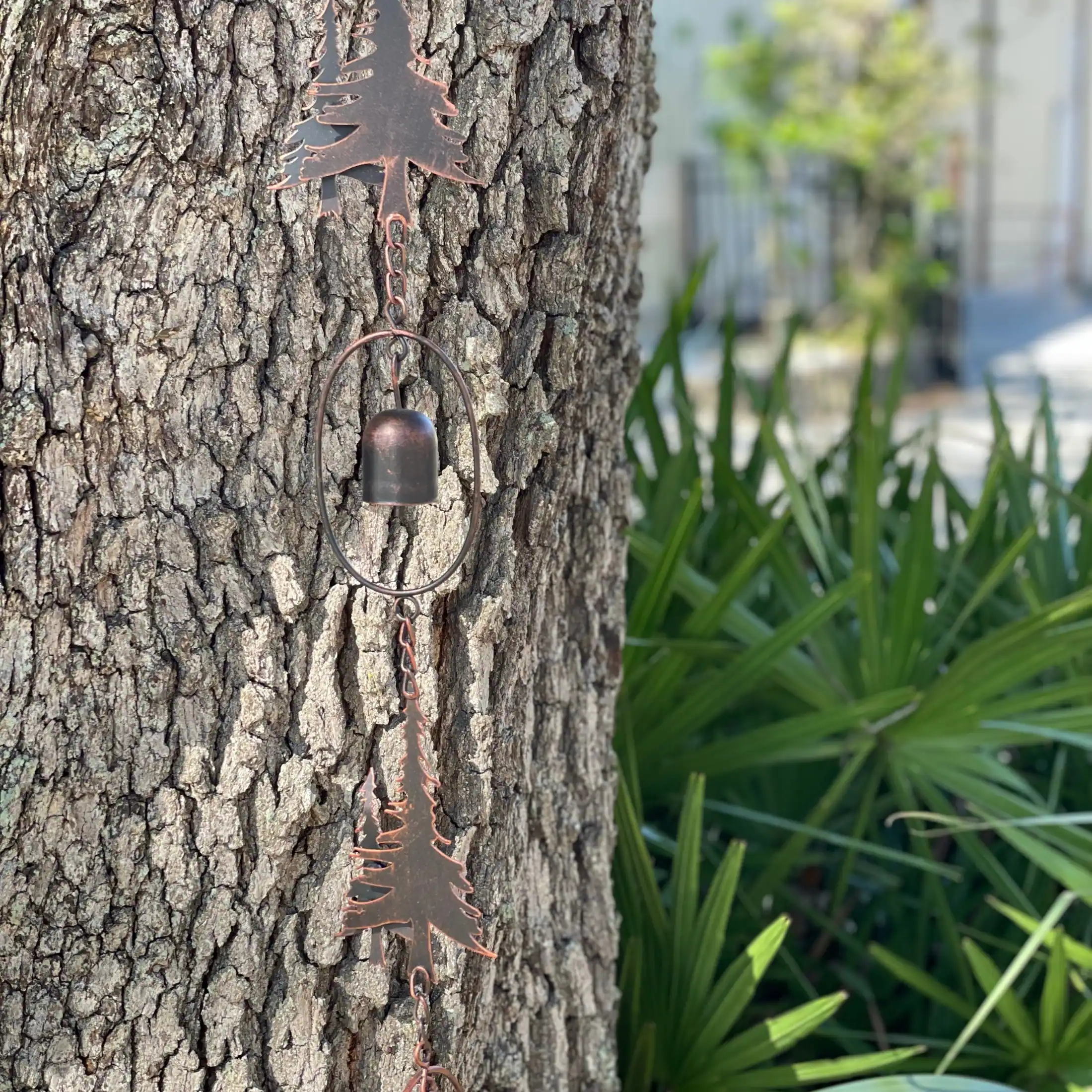 Alt View 4. Things2Die4 - 70" Metal Rain Chain - Forest Trees & Zen Bells, Aged Bronze, 3.25" Diameter - Brown.