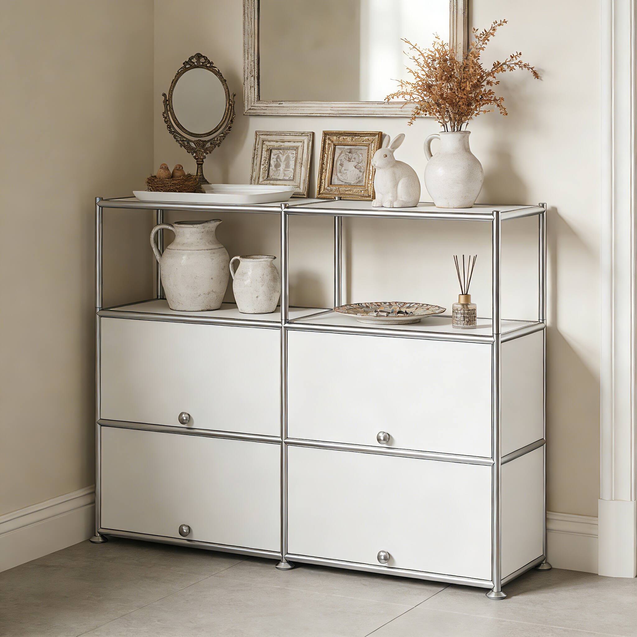 Left. Malletson - 4 Tier Metal Sideboard Buffet Twin Row Storage Cabinet with Flip Up Doors and Adjustable Feet for Dining Room Kitchen - White.