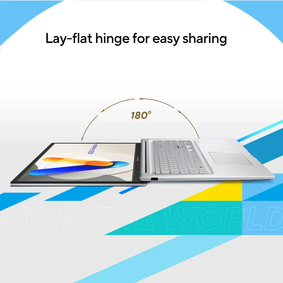 Lay-flat hinge for easy sharing. 180 degrees. 155 degrees. 655Vctsi - S - . WOW THE WORLD.