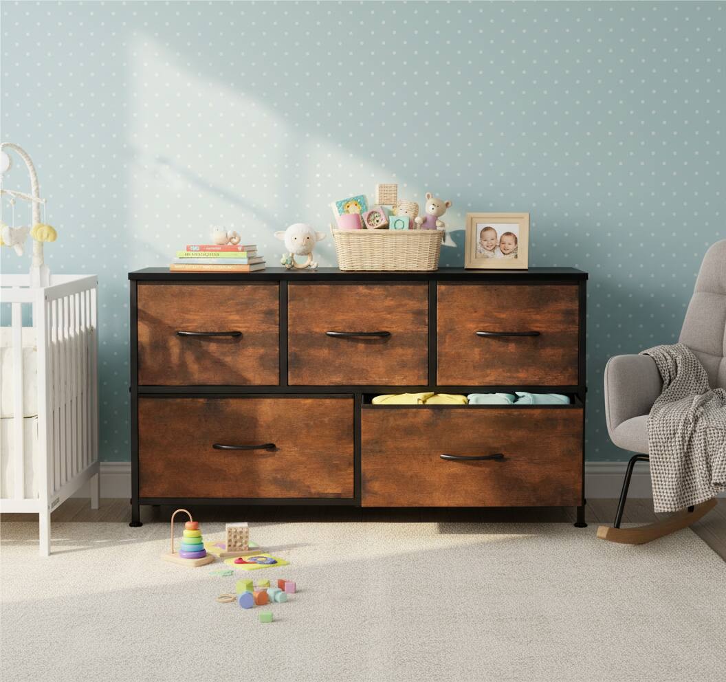 Alt View 4. AOITUN - 5-Drawer Wide Fabric Dresser for Bedroom - Tall Chest Drawer for Small Spaces - brown.