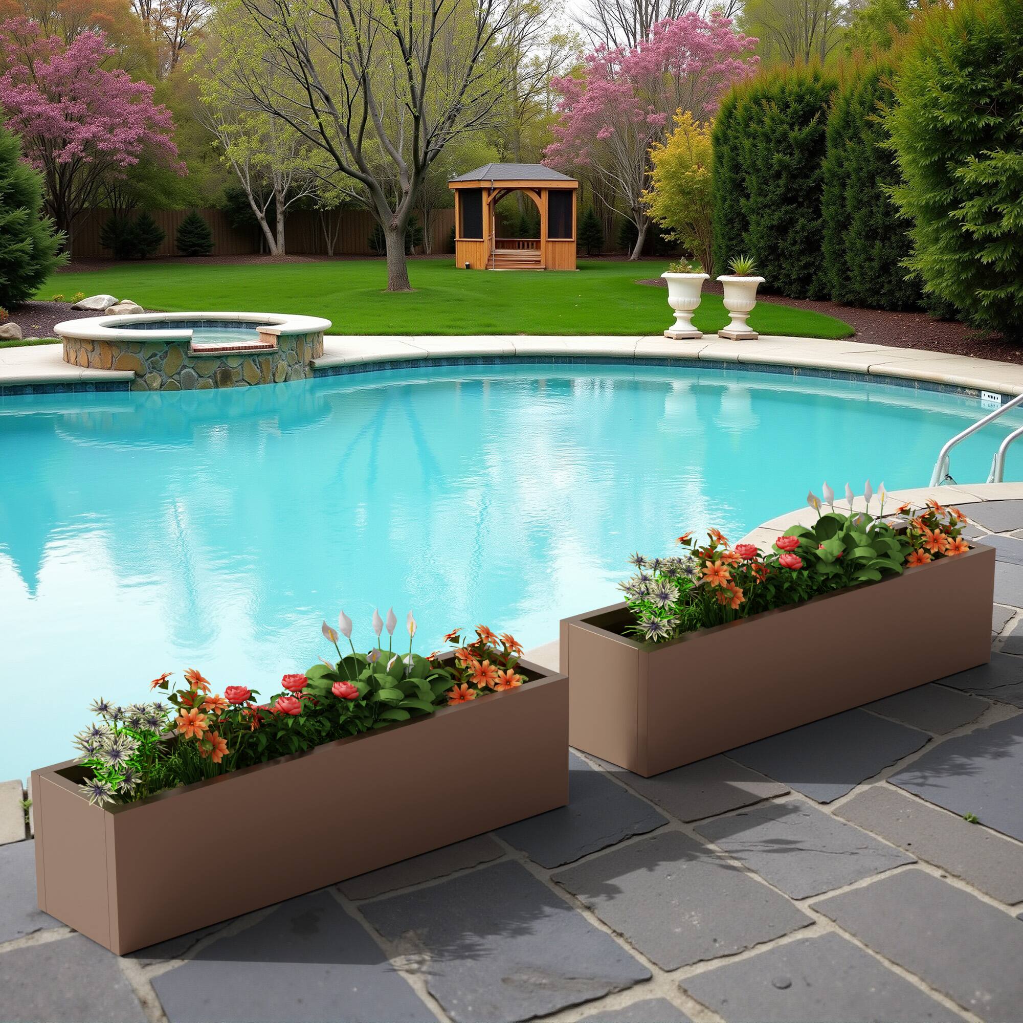 Alt View 4. PexFix - 35.8 in. W Outdoor Metal Rectangular Planter Box with Drainage – Garden Raised Bed for Herbs, Vegetables, and Flowers - Brown.