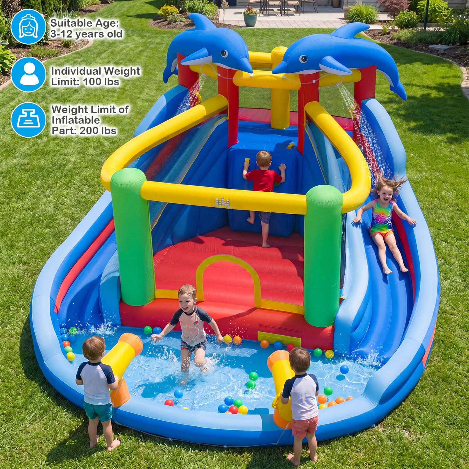 Suitable Age: 3-12 years old  
Individual Weight Limit: 100 lbs  
Weight Limit of Inflatable Part: 200 lbs