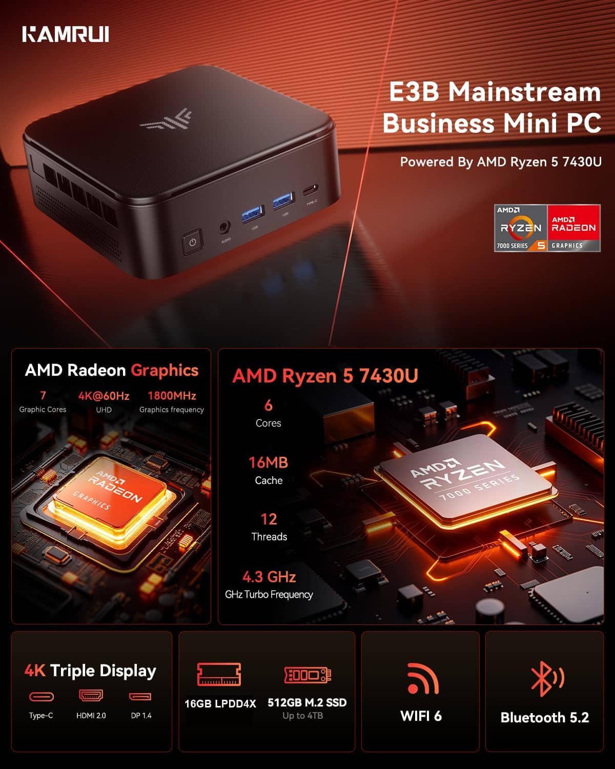 Kamrui E3B AMD Ryzen 5 7430U 4K Mini Gaming PC 16GB LPDDR4X 512GB