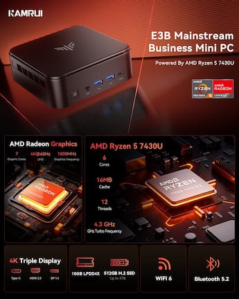 Kamrui E3B AMD Ryzen 5 7430U 4K Mini Gaming PC 16GB LPDDR4X 512GB Kamrui E3B AMD Ryzen 5 7430U 4K Mini Gaming PC 16GB LPDDR4X 512GB