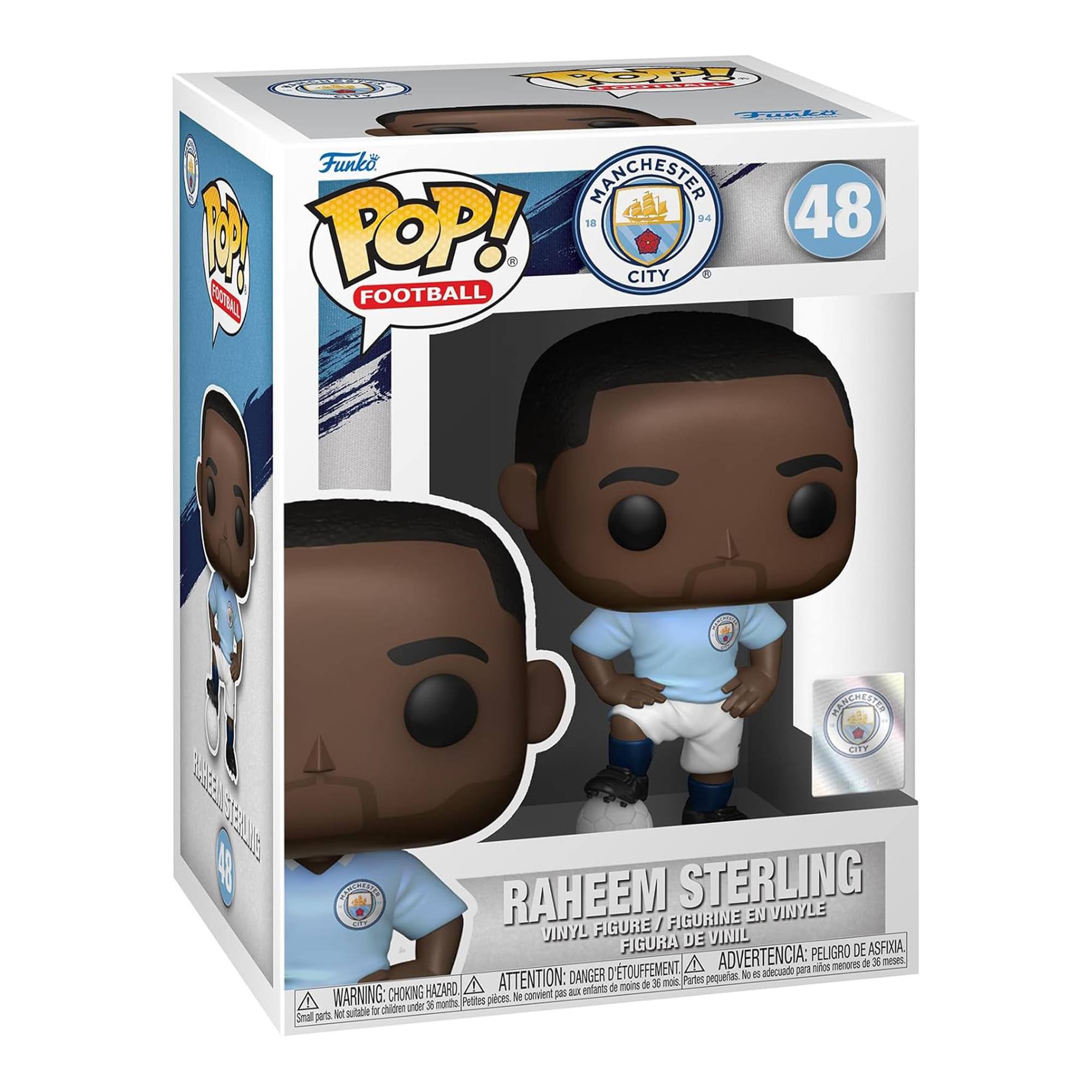 Sure, here is the corrected and grouped text from the image:

---

**Top Left:**
- Funko POP! FOOTBALL

**Top Center:**
- Manchester City
- 1894

**Top Right:**
- 48

**Center:**
- RAHEEM STERLING
- VINYL FIGURE / FIGURINE EN VINYLE / FIGURA DE VINIL / FIGURA DE VINIL

**Bottom Left:**
- WARNING: CHOKING HAZARD - Small parts. Not suitable for children under 3 years.
- ATTENTION: DANGER - Petite pièce. Ne convient pas aux enfants de moins de 3 ans.
- ADVERTENCIA: PEQUEÑAS PIEZAS. NO ADECUADO PARA NIÑOS MENORES DE 3 AÑOS.

**Bottom Center:**
- DANGER D'ÉTUFFEMENT - ATTENTION: PEQUEÑAS PIEZAS. NO ADECUADO PARA NIÑOS MENORES DE 3 AÑOS.

**Bottom Right:**
- Manchester City

---