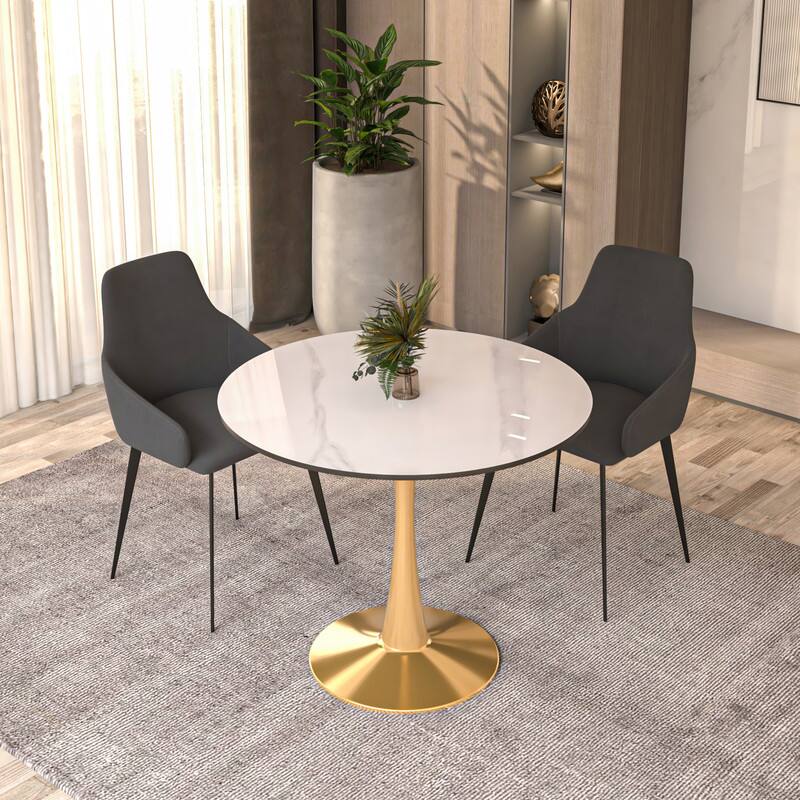Angle. LeisureMod - Bristol Modern 35" Round Dining Table MDF/Sintered Stone Top - Pedestal Base for Kitchen, Cafe, and Restaurant - Stone - White.