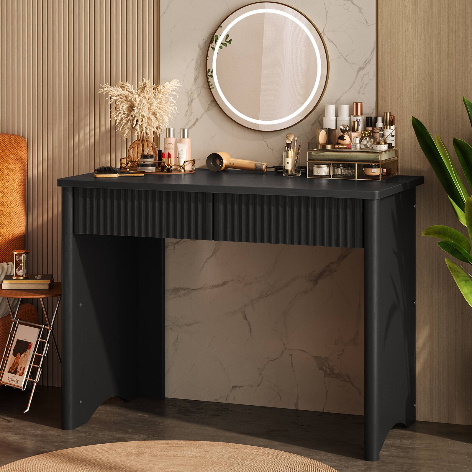Alt View 1. Bestier - 40 inch Compact Office Desk with 2 Drawers Modern Fluted Home Office Desk for Small Spaces and Apartments - Black Grained.