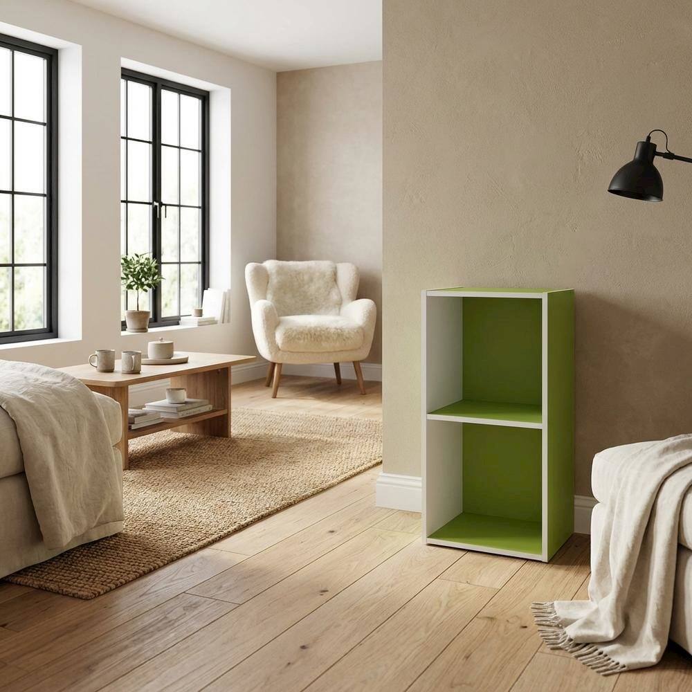 Left. FurniFact - Storage solution with 2 open tiers, suitable for living room or office - Green/White.