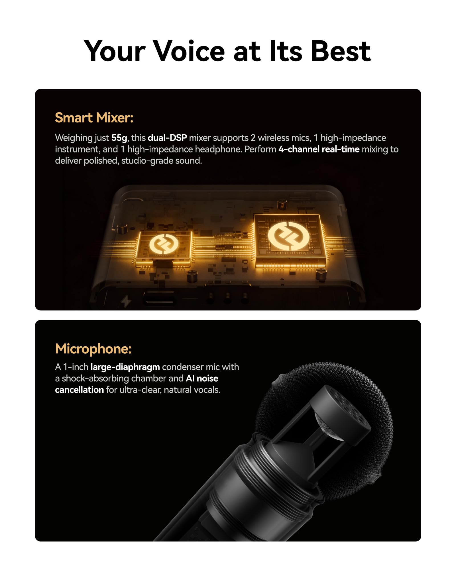 Your Voice at Its Best

Smart Mixer:
Weighing just 55g, this dual-DSP mixer supports 2 wireless mics, 1 high-impedance instrument, and 1 high-impedance headphone. Perform 4-channel real-time mixing to deliver polished, studio-grade sound.

Microphone:
A 1-inch large-diaphragm condenser mic with a shock-absorbing chamber and AI noise cancellation for ultra-clear, natural vocals.