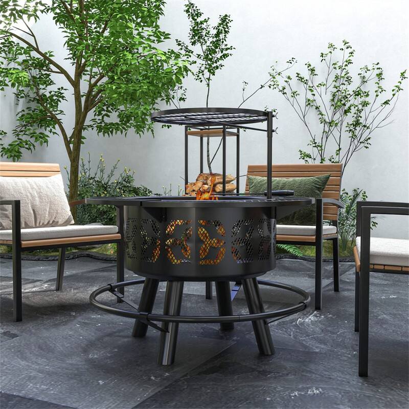 Angle. HTUTWOO - 2-in-1 Fire Pit & BBQ Grill - 33" Portable Wood Burning Firepit with Adjustable Cooking Grate, Pan and Poker.