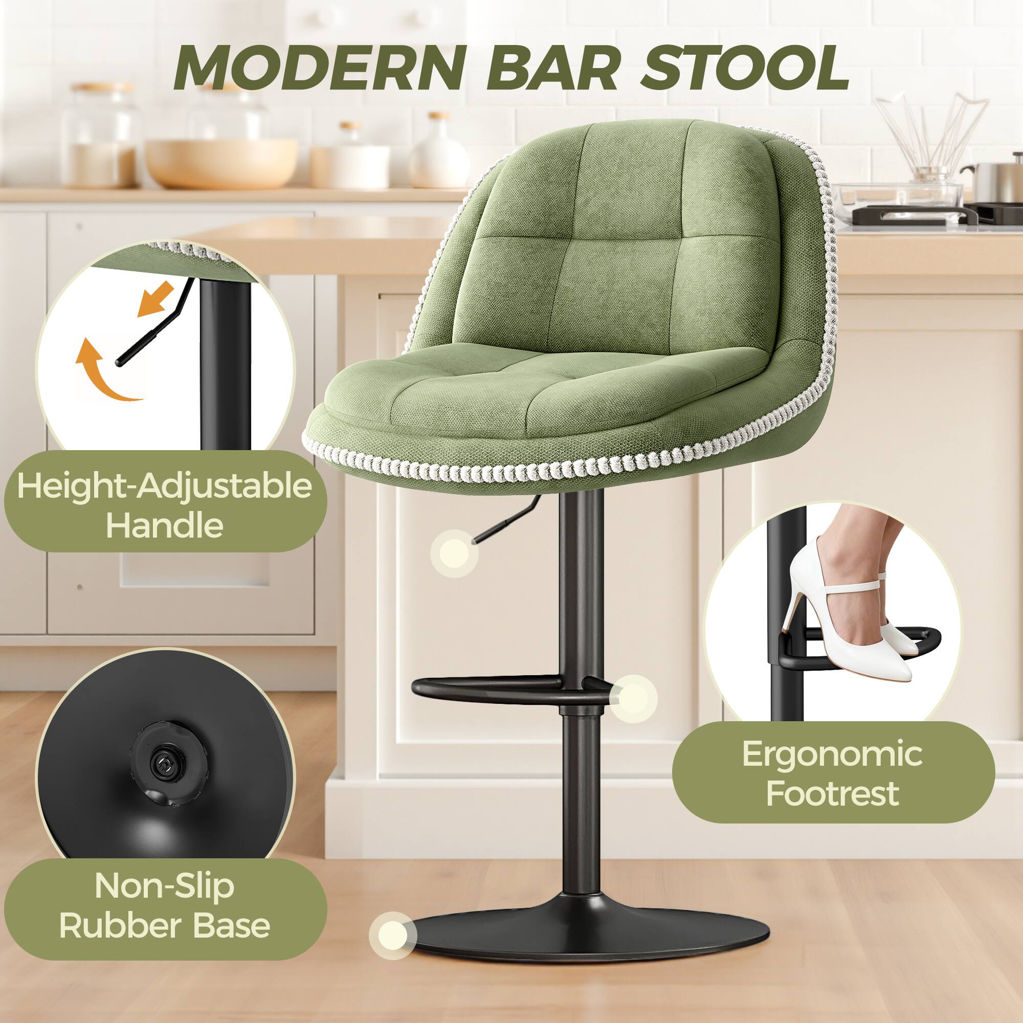 MODERN BAR STOOL

- Height-Adjustable Handle
- Ergonomic Footrest
- Non-Slip Rubber Base