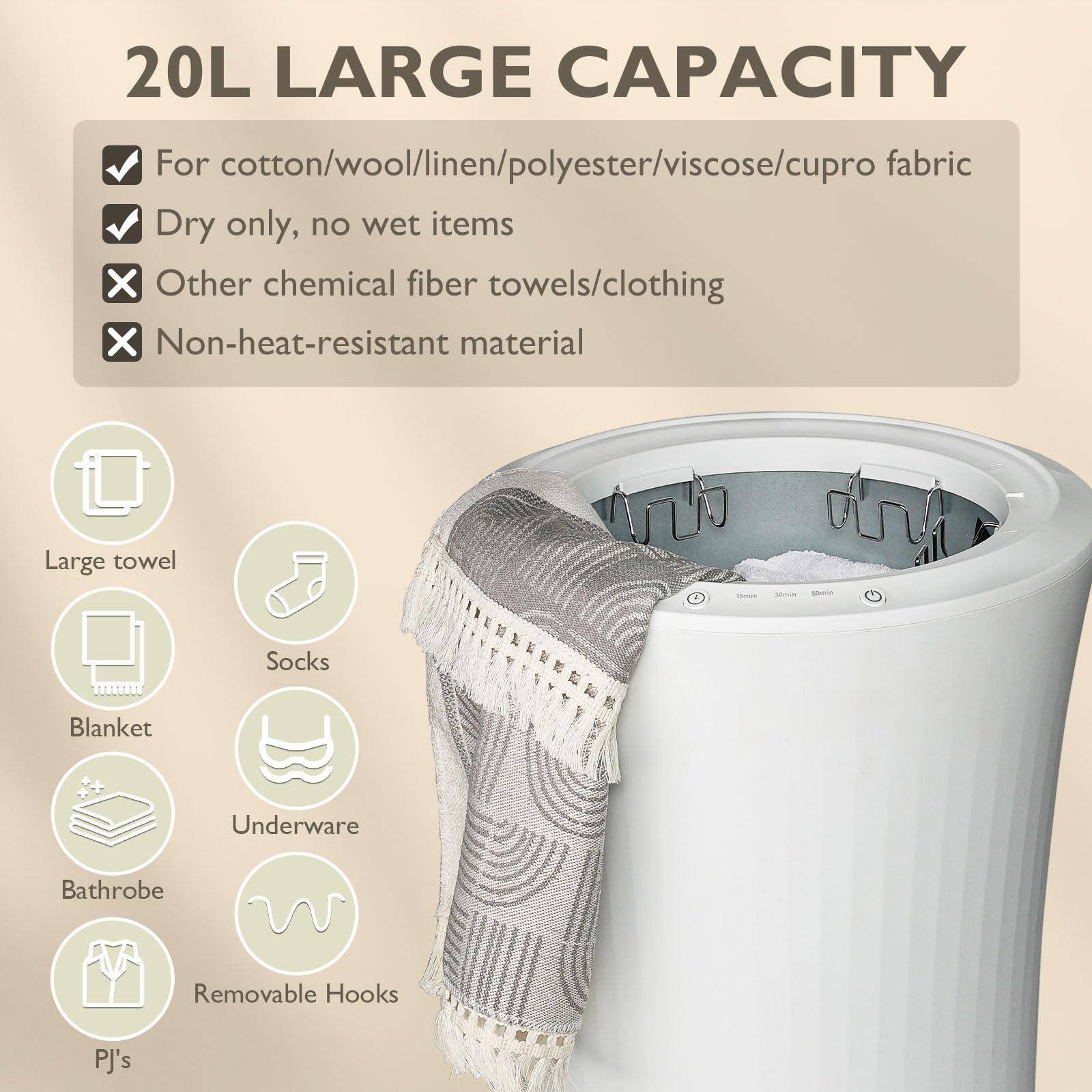 20L LARGE CAPACITY

- For cotton/wool/linen/polyester/viscose/cupro fabric
- Dry only, no wet items
- Other chemical fiber towels/clothing
- Non-heat-resistant material

Large towel  
Blanket  
Bathrobe  
Socks  
Underwear  
PJs  
Removable Hooks