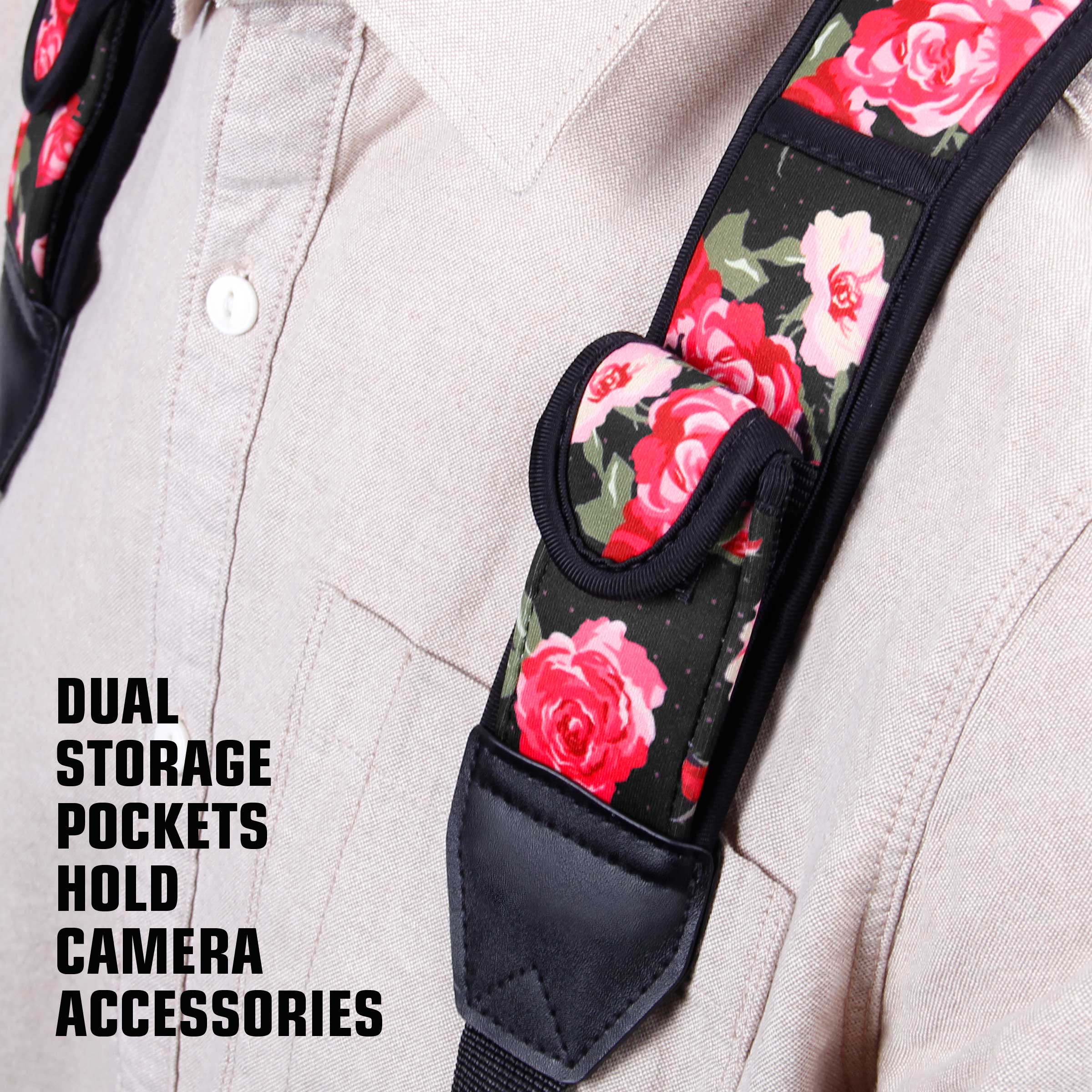 DUAL STORAGE POCKETS HOLD CAMERA ACCESSORIES