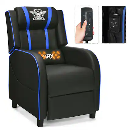Front. Gymax - Gymax Massage Gaming Recliner Chair Racing Single Lounge Sofa Home Theater Seat Blue - Blue.