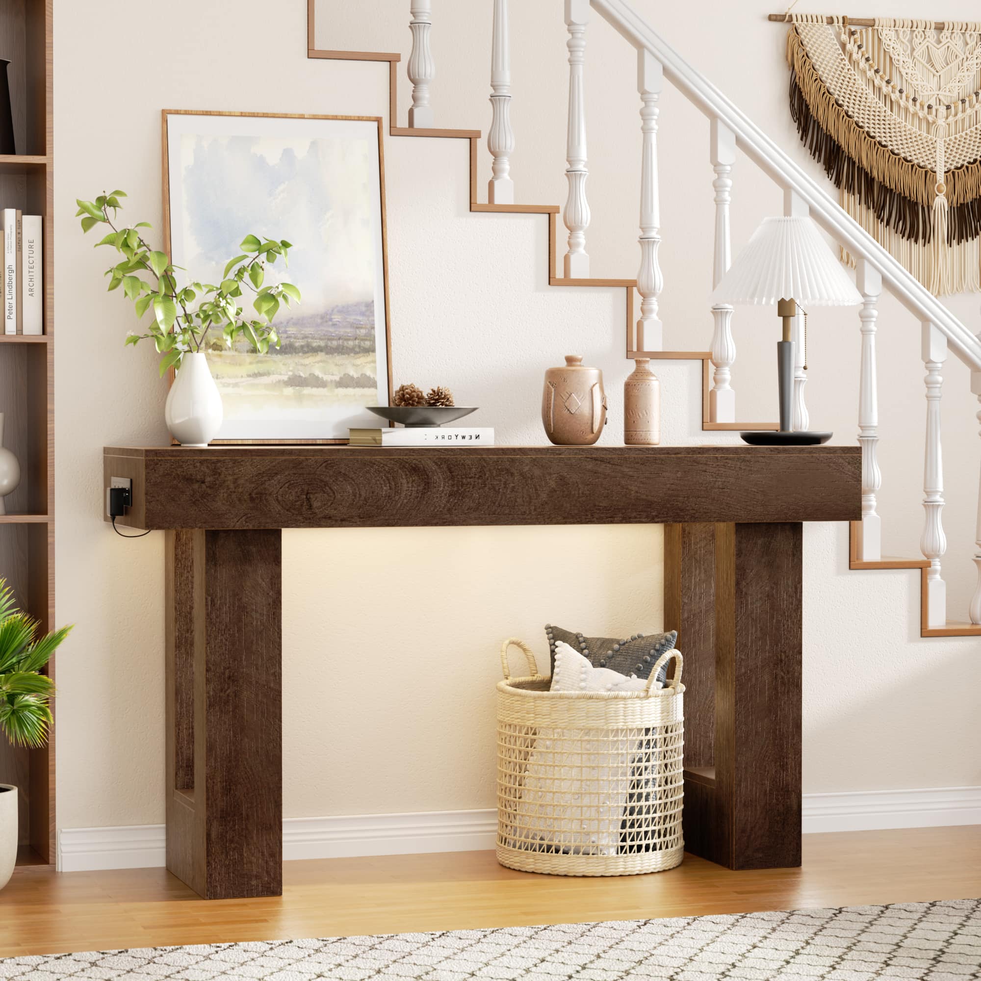 Aheaplus - 47" Farmhouse Narrow Console Table - Socket, Sensor Light & Storage for Entryway/Hallway/Living Room - Rustic Oak