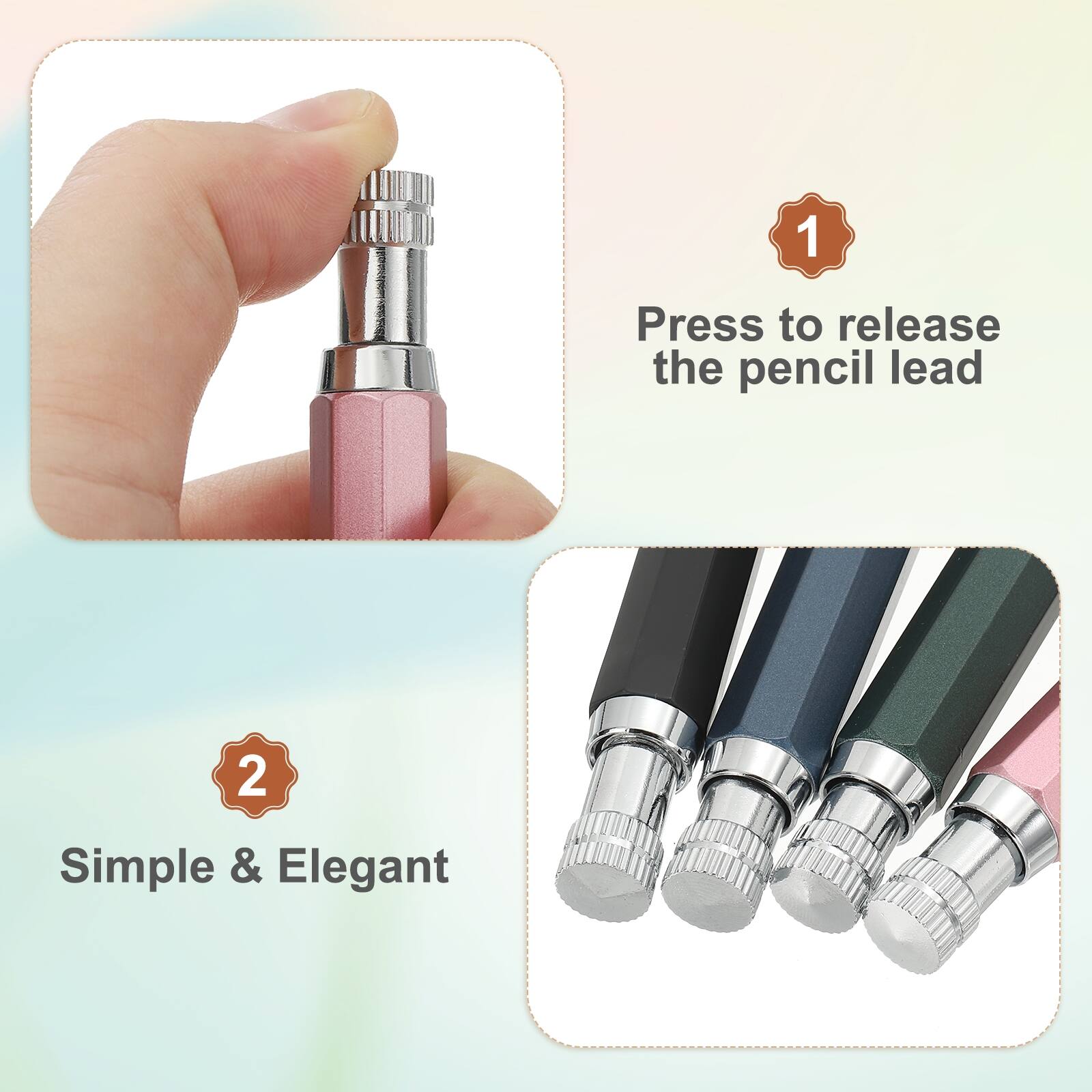 1. Press to release the pencil lead
2. Simple & Elegant
