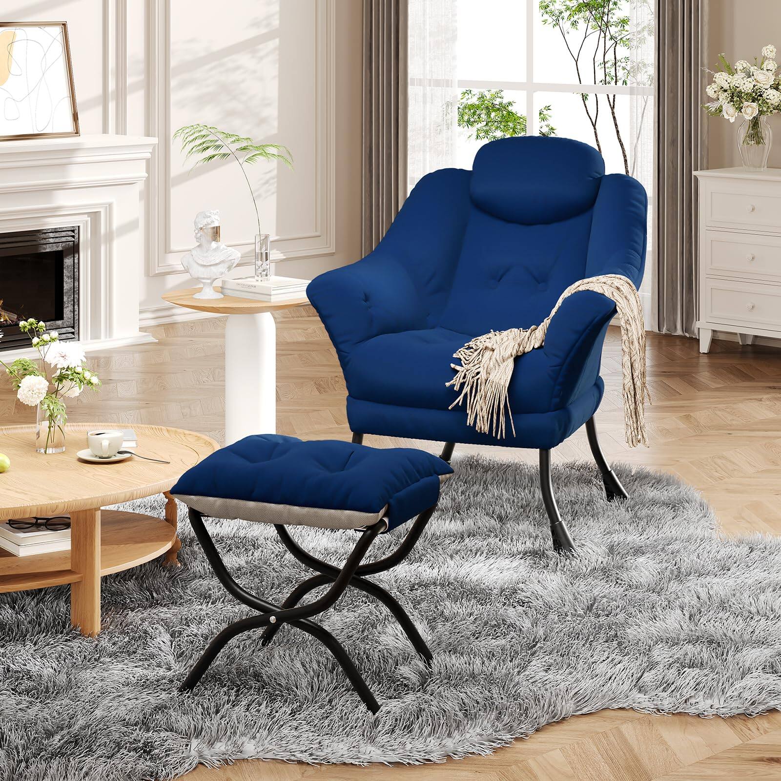 Angle. Jojoka - Lazy Chair with Ottoman, Comfy Living Room Armchair with Foldable Ottoman & Detachable Cover - Blue.