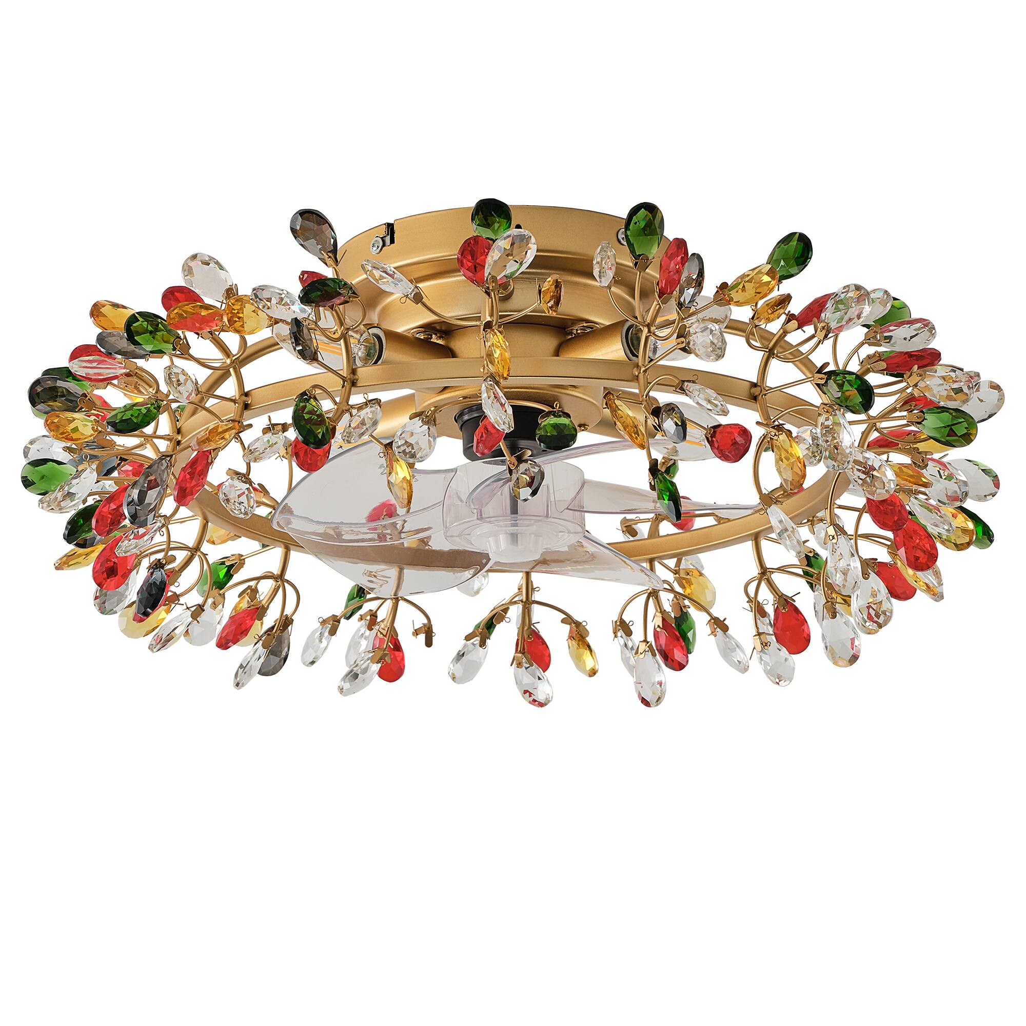 Alt View 8. Parrot Uncle - Modern American Colourful Crystal Flush Mount Chandelier Ceiling Fan with Remote and Retractable Blades - Gold.