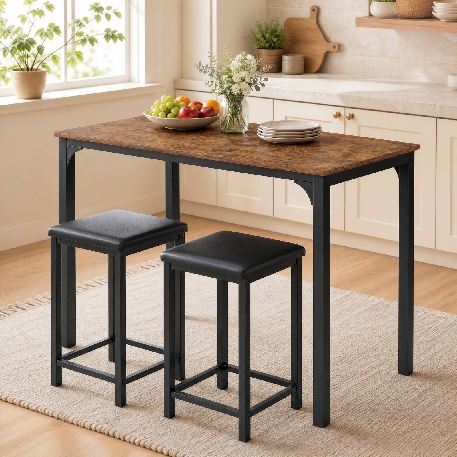 Alt View 4. Gymax - Gymax Set of 3 Counter-Height Dining Table Set Rectangle Bar Table w/ 2 Upholstered Stools Padded Seats Metal Legs - Brown.