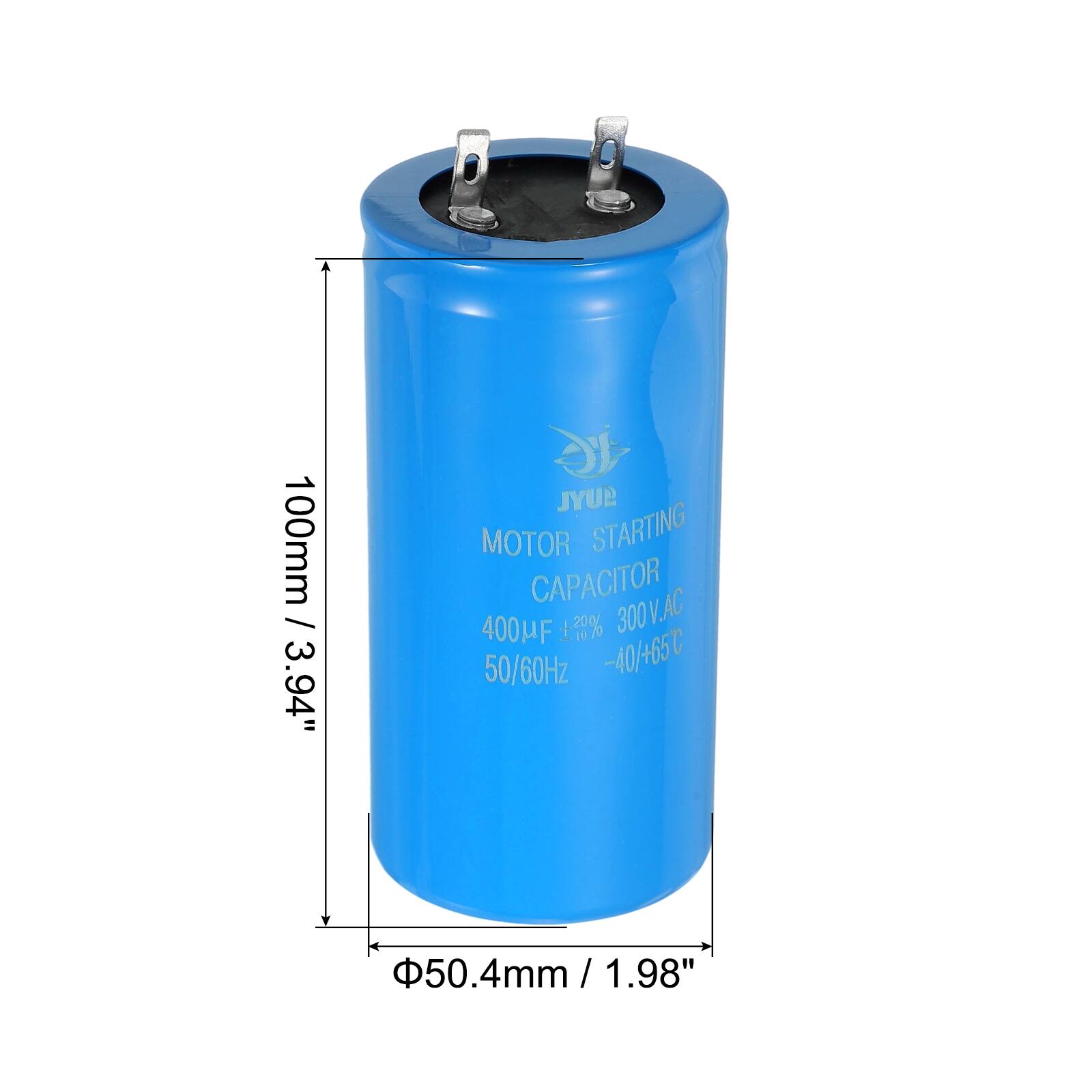 100mm / 3.94" JYUB MOTOR STARTING CAPACITOR 400µF +30% 300V.AC 50/60Hz -40/+65°C 50.4mm / 1.98"