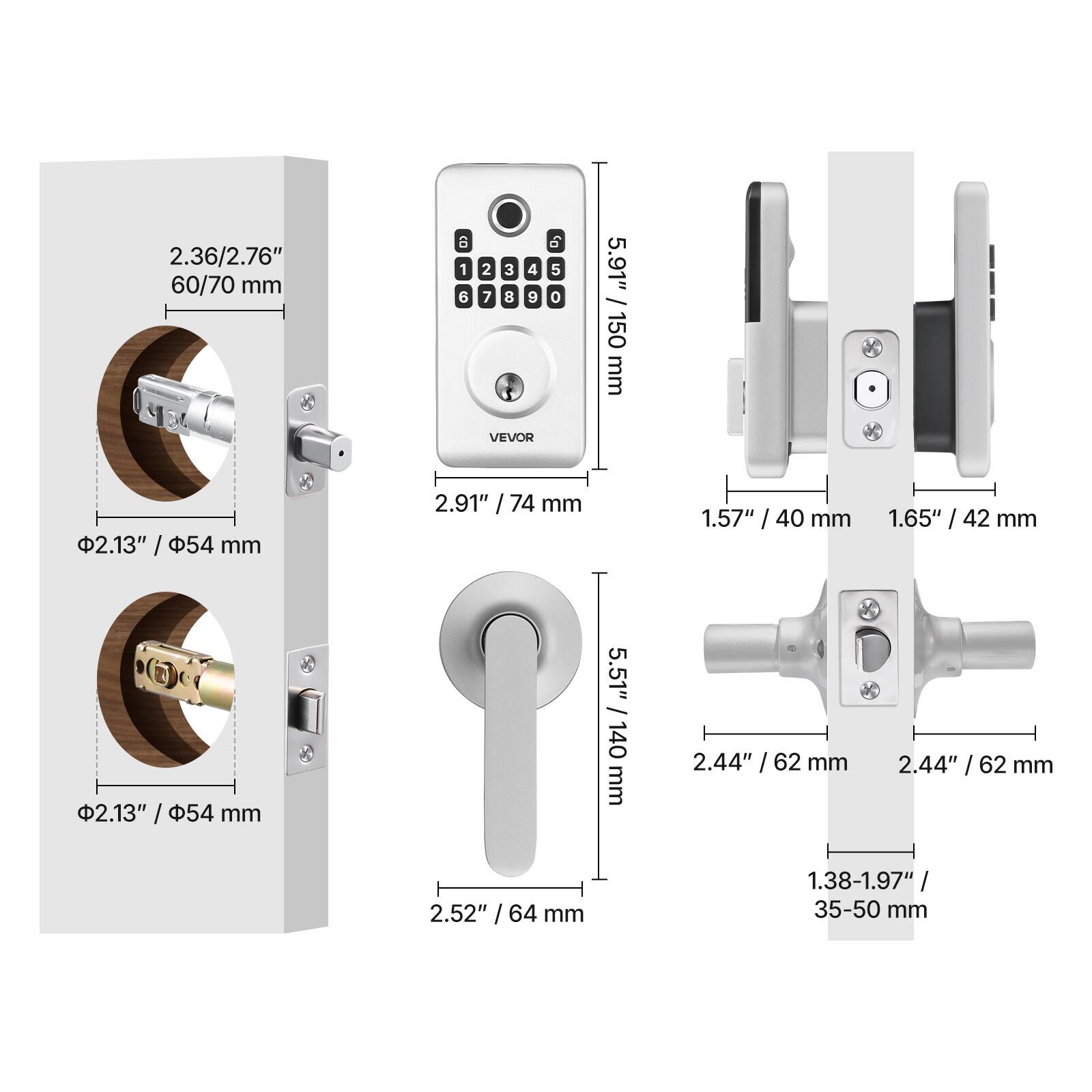 2.36/2.76" 60/70 mm  
2.13" / 54 mm  
2.91" / 74 mm  
1.57" / 40 mm  
1.65" / 42 mm  
2.13" / 54 mm  
5.51" / 140 mm  
2.44" / 62 mm  
2.44" / 62 mm  
2.52" / 64 mm  
1.38-1.97" / 35-50 mm  

5.91" / 150 mm  
VEVOR