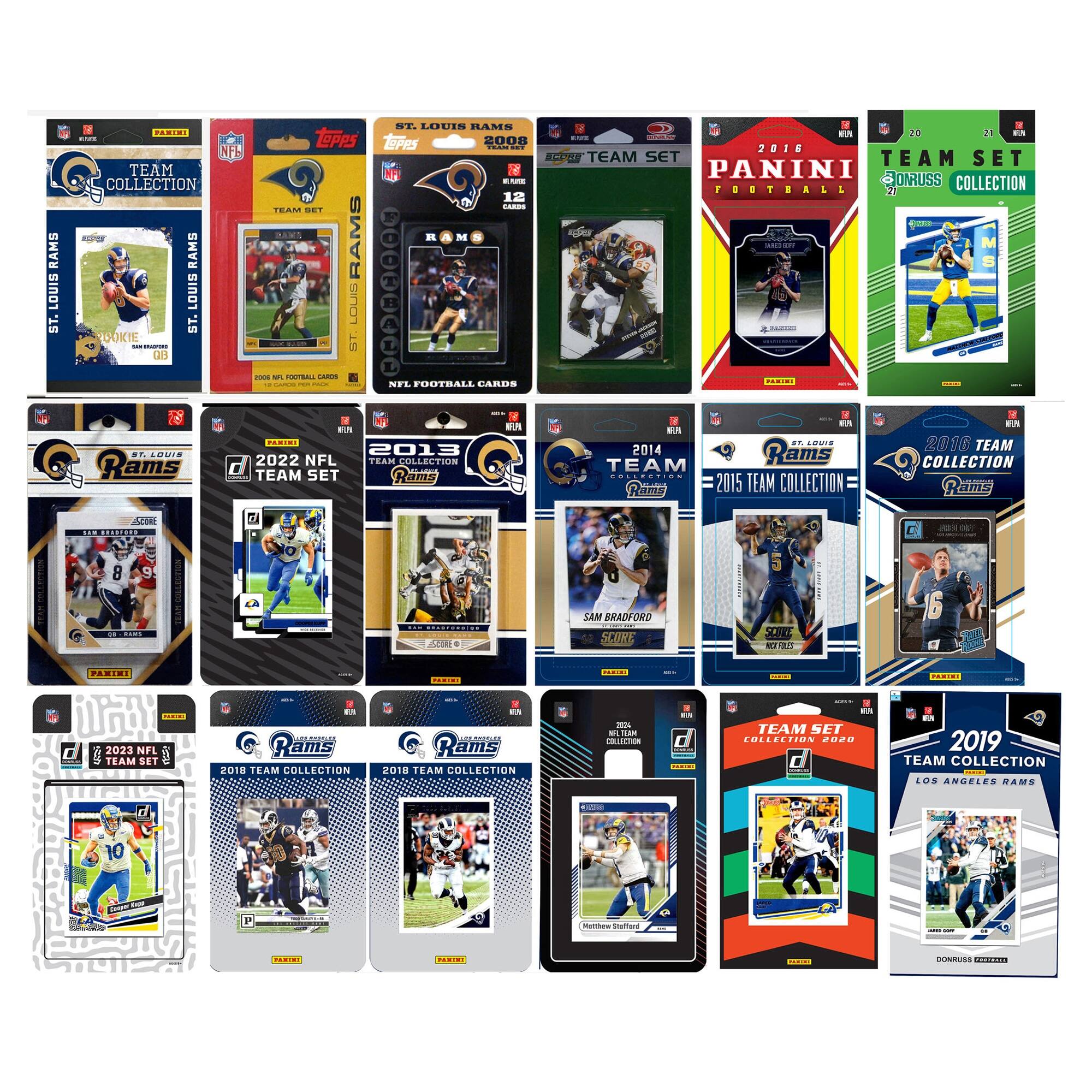 Sure, here is the corrected and grouped text from the image:

---

**St. Louis Rams**

- **2008**
  - TEAM COLLECTION
  - TEAM SET
  - NFL FOOTBALL CARDS

- **2013**
  - TEAM SET
  - TEAM COLLECTION

- **2014**
  - TEAM COLLECTION

- **2015**
  - TEAM COLLECTION

- **2016**
  - TEAM COLLECTION

- **2018**
  - TEAM COLLECTION

- **2019**
  - TEAM COLLECTION
  - LOS ANGELES RAMS

- **2020**
  - TEAM COLLECTION

- **2022**
  - TEAM SET

- **2023**
  - TEAM SET

**Panini Football**

- **2016**
  - TEAM SET
  - COLLECTION

**Topps**

- **2016**
  - TEAM SET

**Other**

- **2018**
  - TEAM SET

- **2019**
  - TEAM SET

- **2020**
  - TEAM SET

- **2021**
  - TEAM SET

- **2022**
  - TEAM SET

- **2023**
  - TEAM SET

**Player Names**

- BOLIE
- SAM BRADFORD
- MATTHEW STAFFORD
- D. HARRIS
- D. HARRIS
- D. HARRIS
- D. HARRIS
- D. HARRIS
- D. HARRIS
- D. HARRIS
- D. HARRIS
- D. HARRIS
- D. HARRIS
- D. HARRIS
- D. HARRIS
- D. HARRIS
- D. HARRIS
- D. HARRIS
- D. HARRIS
- D. HARRIS
- D. HARRIS
- D. HARRIS
- D. HARRIS
- D. HARRIS
- D. HARRIS
- D. HARRIS
- D. HARRIS
- D. HARRIS
- D. HARRIS
- D. HARRIS
- D. HARRIS
- D. HARRIS
- D. HARRIS
