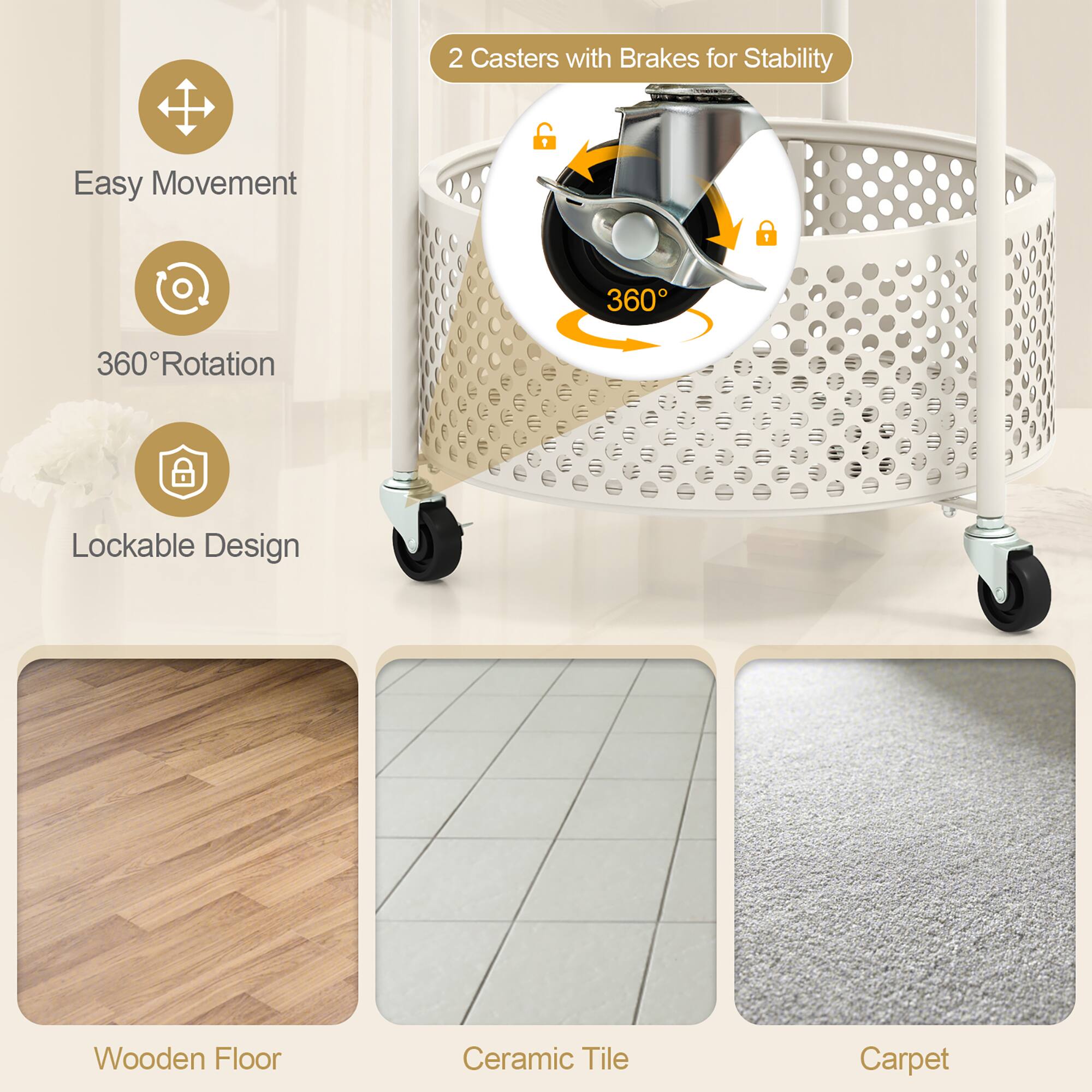 - 2 Casters with Brakes for Stability
- Easy Movement
- 360° Rotation
- Lockable Design
- Wooden Floor
- Ceramic Tile
- Carpet