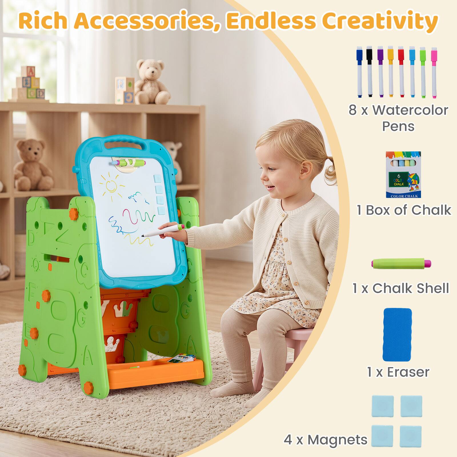 Rich Accessories, Endless Creativity

8 x Watercolor Pens

1 Box of Chalk

1 x Chalk Shell

1 x Eraser

4 x Magnets