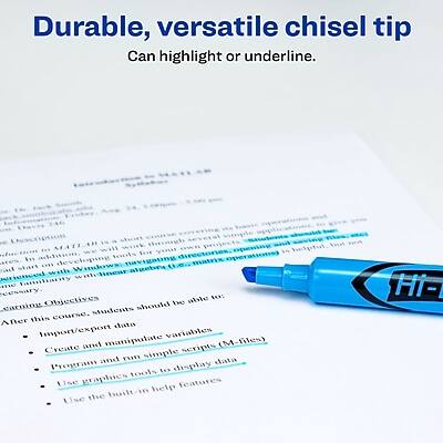 Durable, versatile chisel tip  
Can highlight or underline.

MATLAB is a high-level language and interactive environment for numerical computation, visualization, and programming. It allows you to start working, running algorithms, or creating models in minutes. It can be used for a wide range of applications, from data analysis to algorithm development, and from prototyping to software deployment.

Objectives:  
After this course, students should be able to:  
- Import/export data  
- Create and manipulate variables  
- Write and run simple scripts (M-files)  
- Program and run simple data analysis  
- Use graphics tools to display data  
- Use the built-in help features