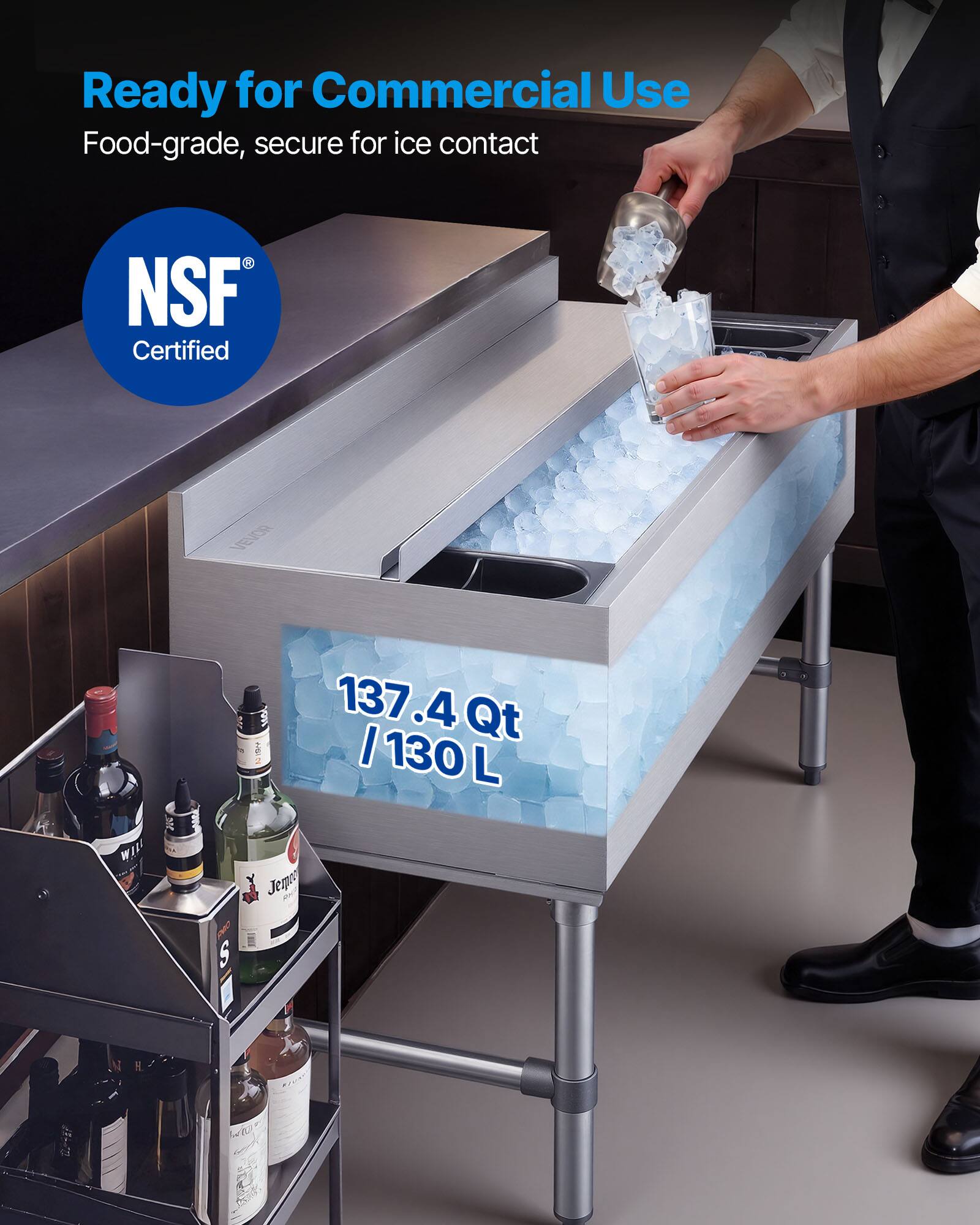 Ready for Commercial Use  
Food-grade, secure for ice contact  
NSF Certified  
Vevor  
137.4 Qt / 130 L
