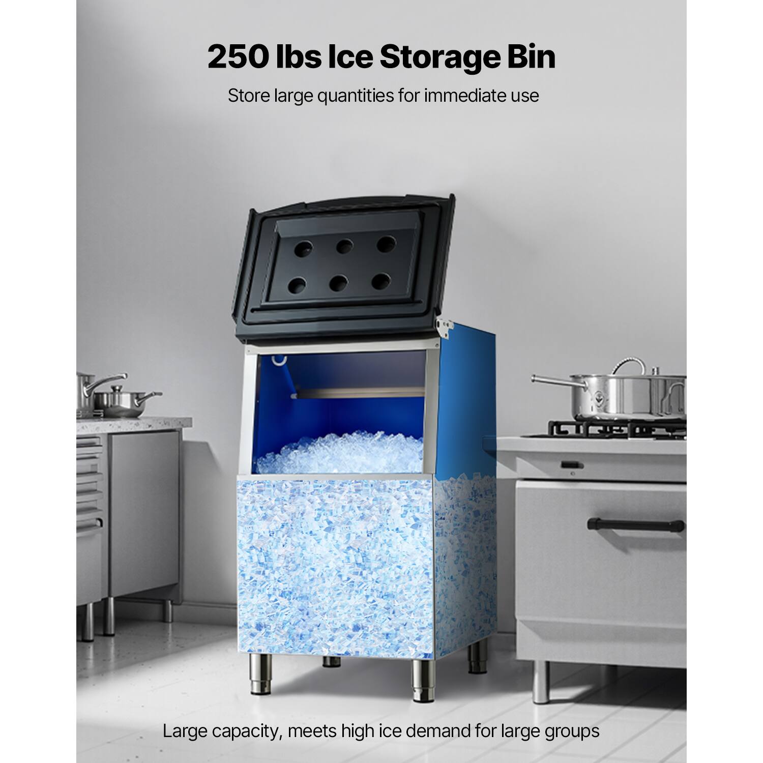 250 lbs Ice Storage Bin  
Store large quantities for immediate use  

Large capacity, meets high ice demand for large groups