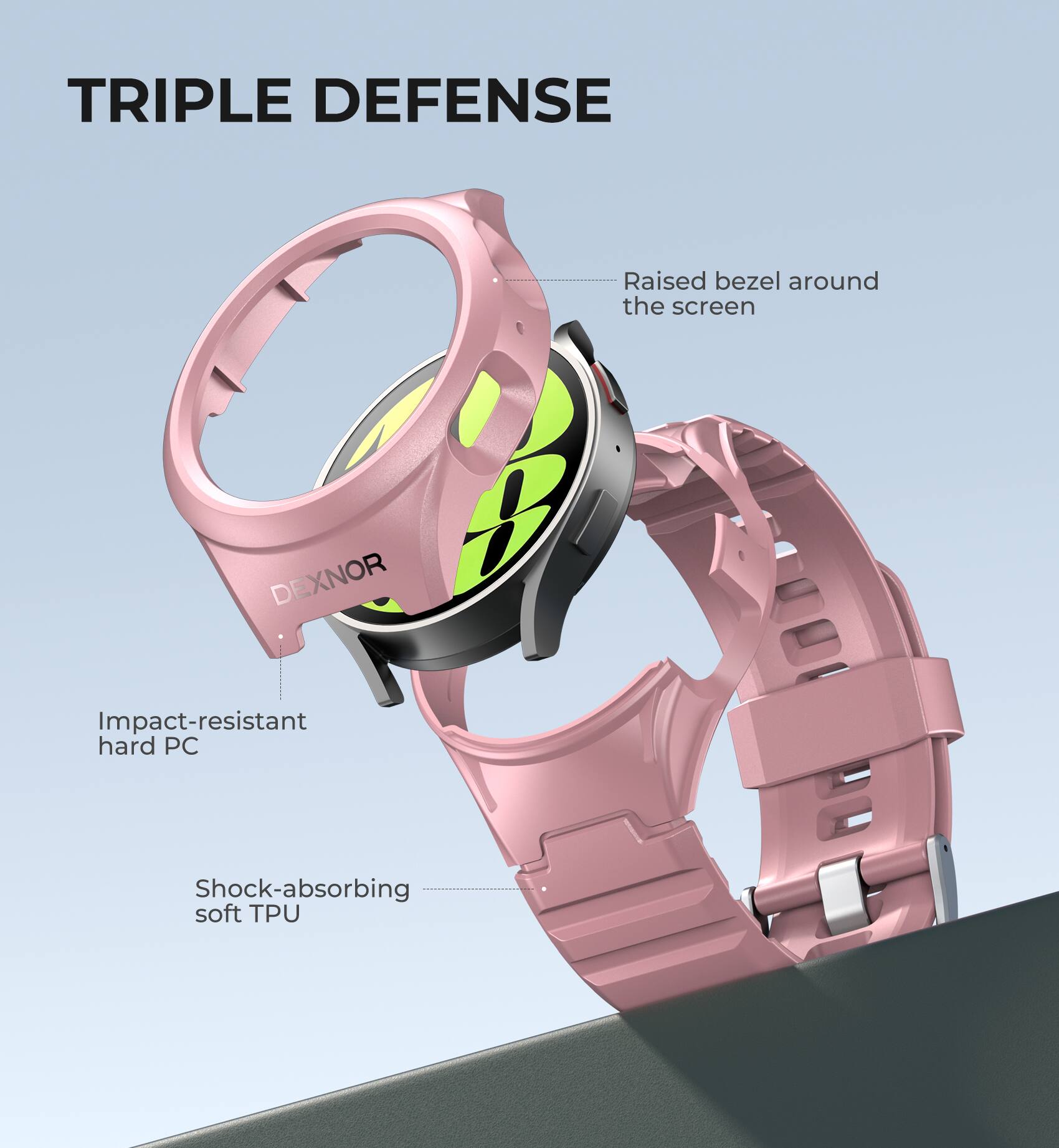 TRIPLE DEFENSE

- Raised bezel around the screen
- Impact-resistant hard PC
- Shock-absorbing soft TPU