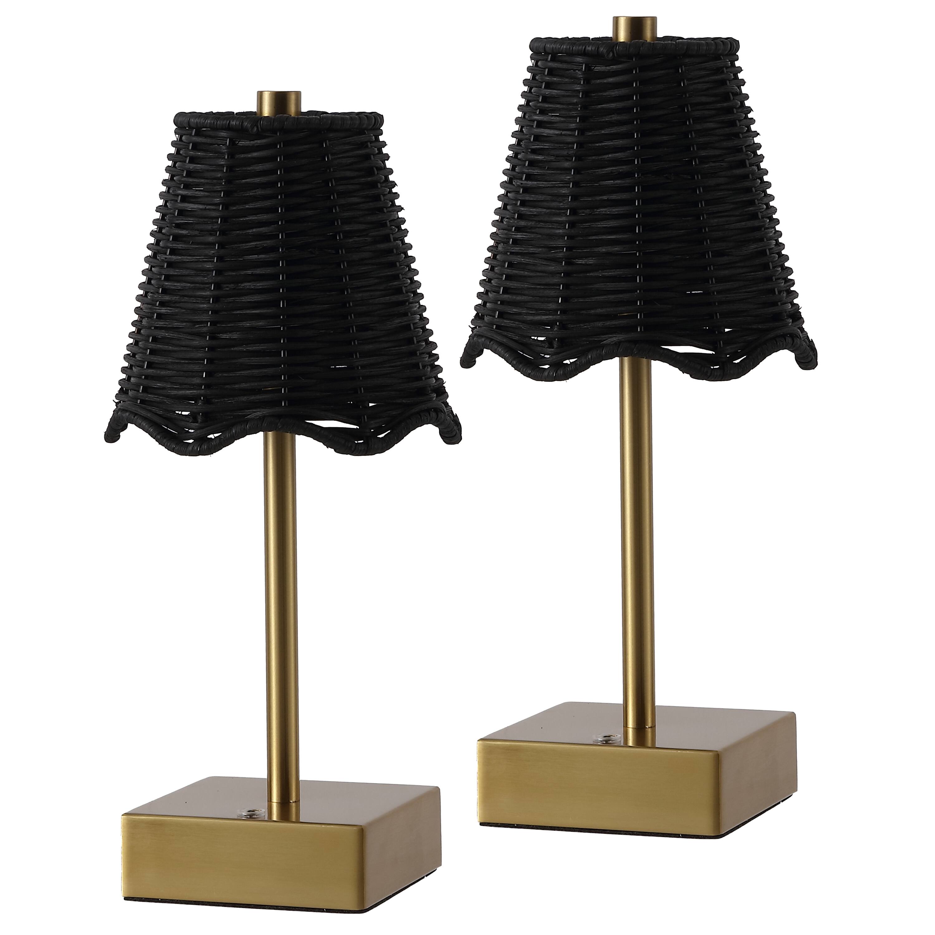 Alt View 7. Jonathan Y - Willow 11" Coastal Bohemian Cordless Rechargeable Table Lamp Set of 2, Brass Gold with Black Rattan Shade, Touch Dimmer - Brass Gold.