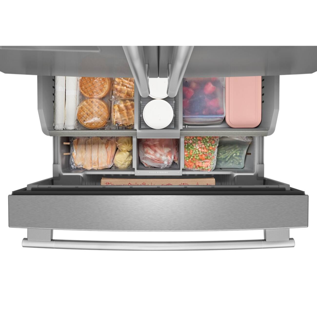 The image shows a modern, stainless steel kitchen appliance with a pull-out drawer. Inside the drawer, there are various food items and containers. On the top shelf, there are waffles, a pink container, and a bowl of strawberries. On the bottom shelf, there are packages of meat, a container of mixed vegetables, and a container of green beans.