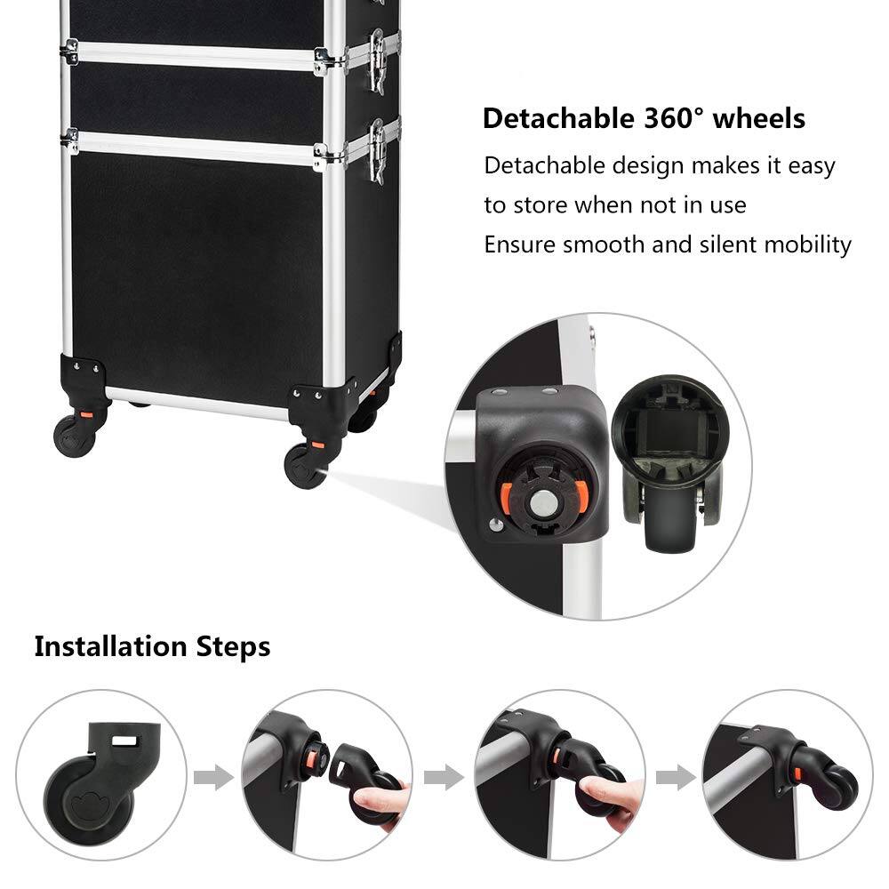 Alt View 4. Winado - 4 in 1 Pro Aluminum Rolling Makeup Case Salon Cosmetic Organizer Trolley - Black.