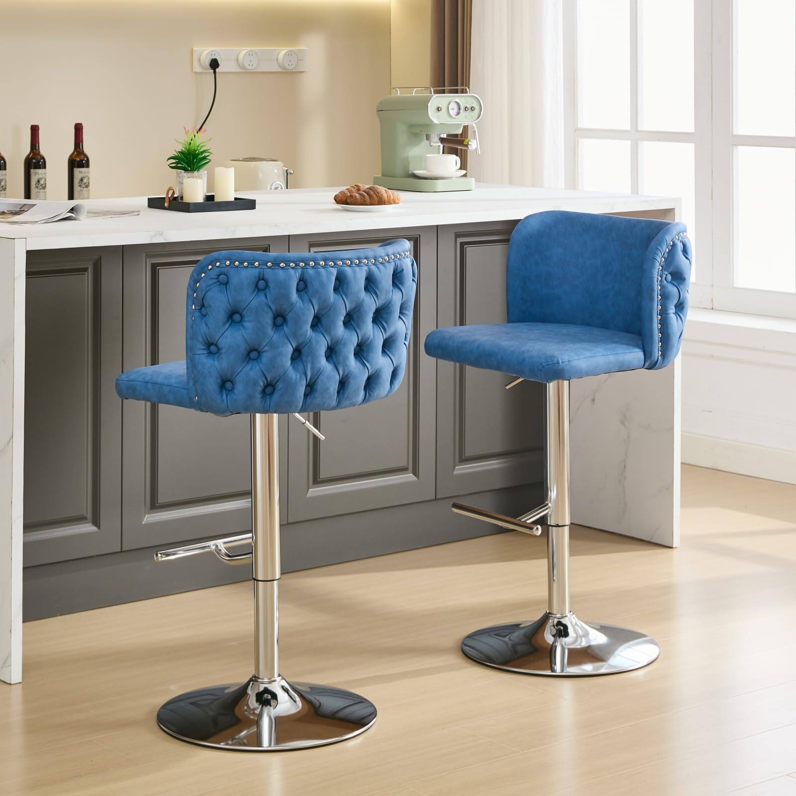 Alt View 1. Glintex - Swivel Barstools Adjusatble Seat Height With Chrome Base, PU Upholstered Bar Stools ， whole Back Tufted,  Set of 2 - Blue.