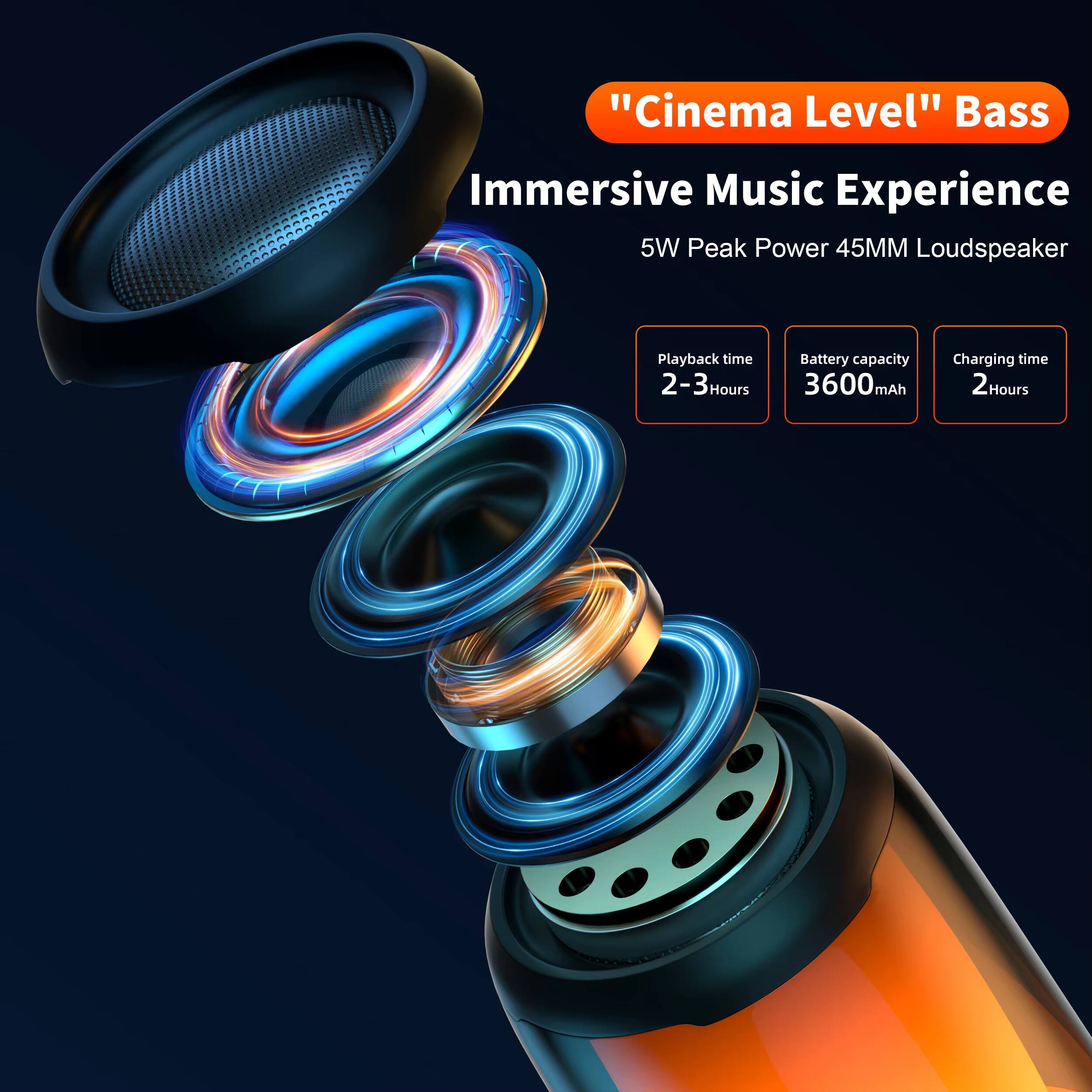 "Cinema Level" Bass Immersive Music Experience  
5W Peak Power 45MM Loudspeaker  
Playback time: 2-3 Hours  
Battery capacity: 3600mAh  
Charging time: 2 Hours