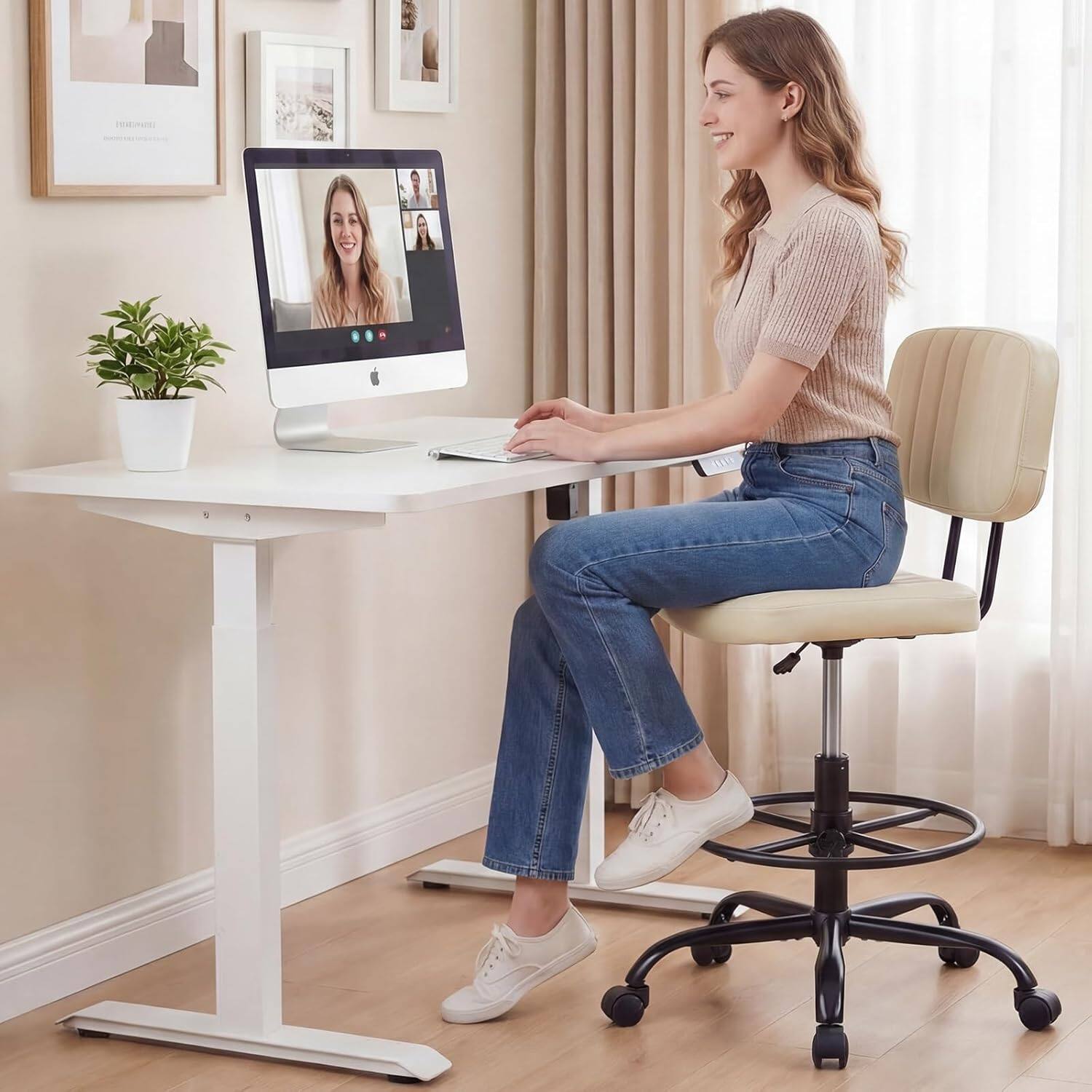 Angle. Sweet - Armless Drafting Chair, Low Back Office Seat with Adjustable Footrest Ring for Standing Desk, Lab, Counter, Beige - Beige.