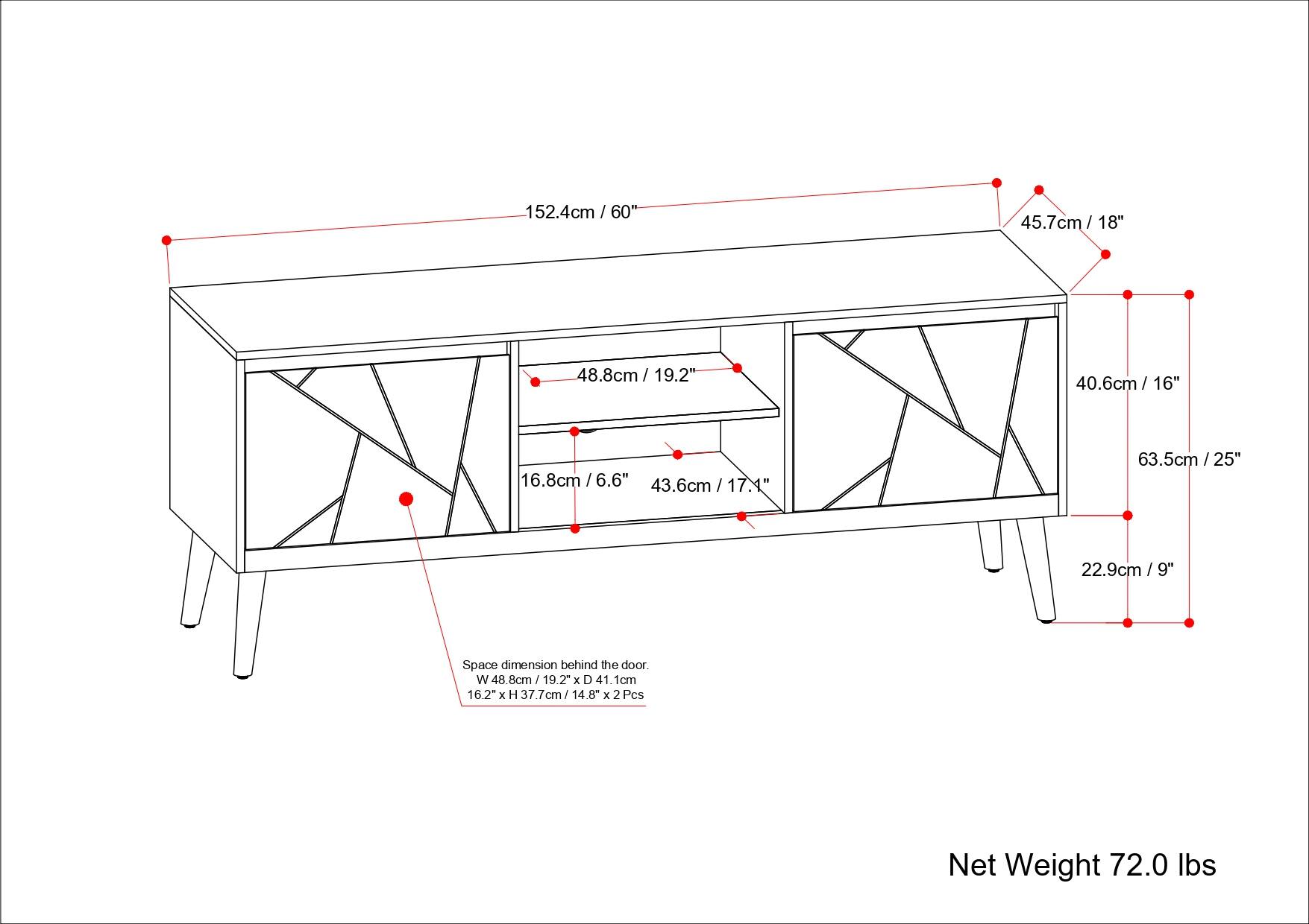 The text on the image reads:

152.4cm / 60" 45.7cm / 18" 48.8cm / 19.2" 40.6cm / 16" 16.8cm / 6.6" 43.6cm / 17.4" / 17.1" 63.5cm / 25" / 25" 22.9cm / 9" 9" Space dimension behind the door. W 48.8cm / 19.2" x D 41. 1cm / 16" x H 37.7cm / 148 x 2 Pcs Net Weight 72.0 lbs.
